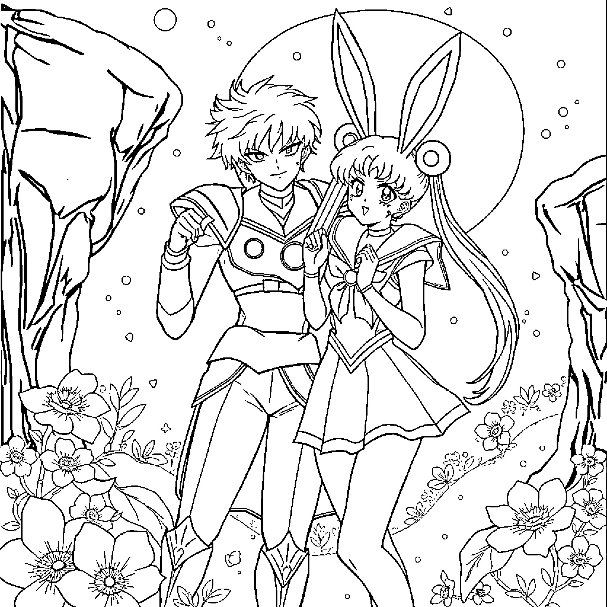 Seiya and Usagi in a Floral Wonderland Coloring Page (free black-and-white line drawing printable PDF for all, from beginners to advanced learners, including children, teens, adults, and seniors)