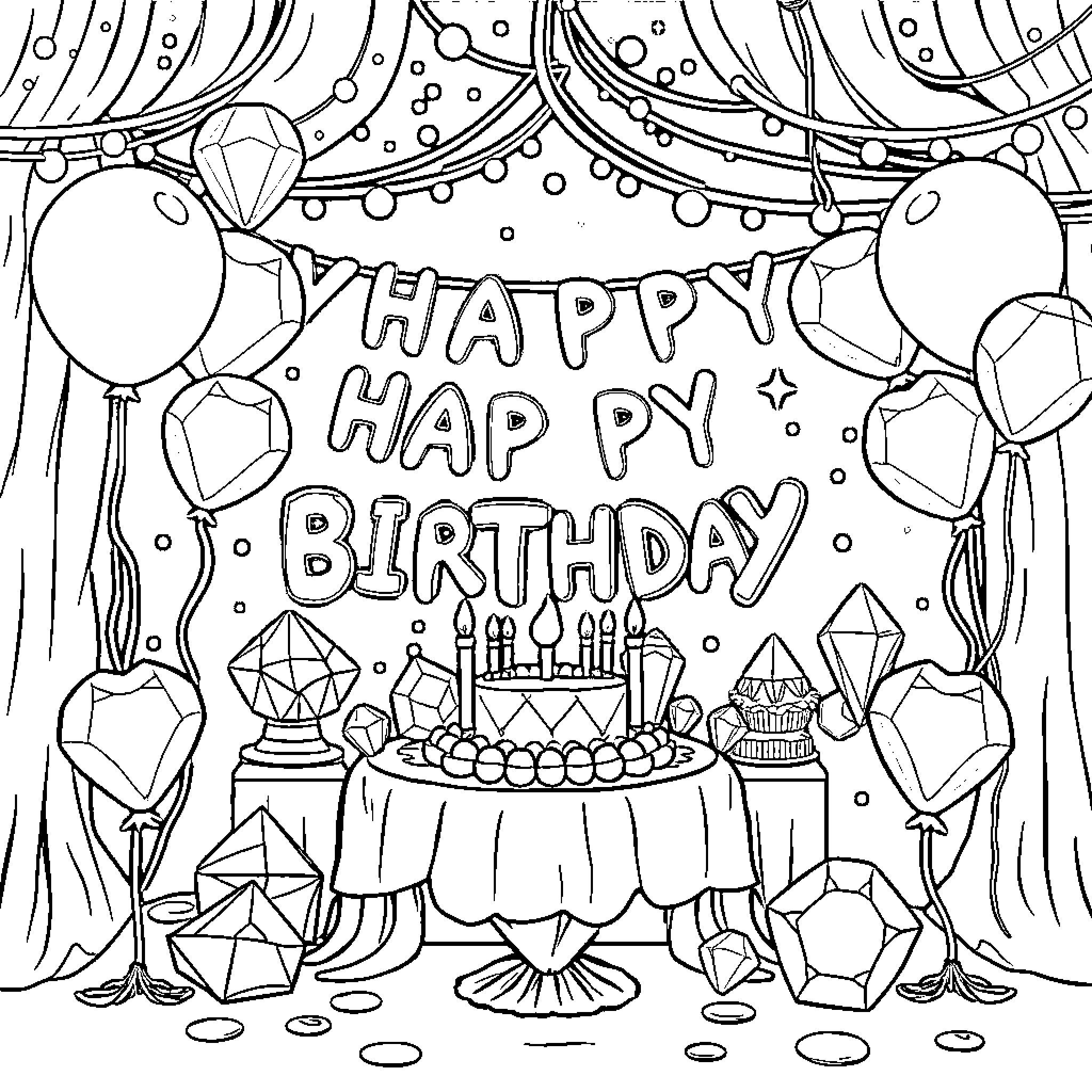 Gem Birthday Celebration with Decorations Coloring Page (free black-and-white line drawing printable PDF for all, from beginners to advanced learners, including children, teens, adults, and seniors)