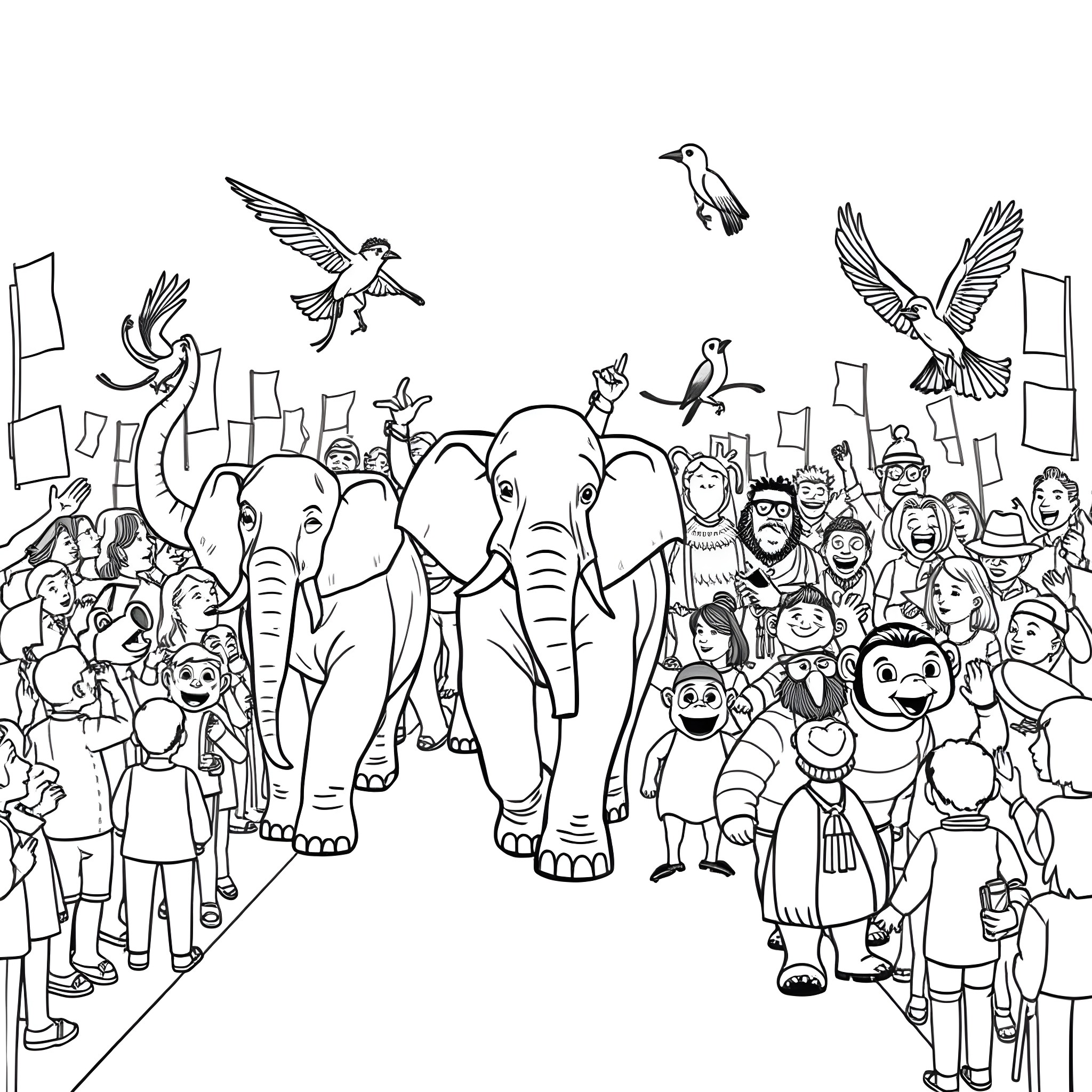 Animal parade with diverse characters and creatures Coloring Page (free black-and-white line drawing printable PDF for all, from beginners to advanced learners, including children, teens, adults, and seniors)