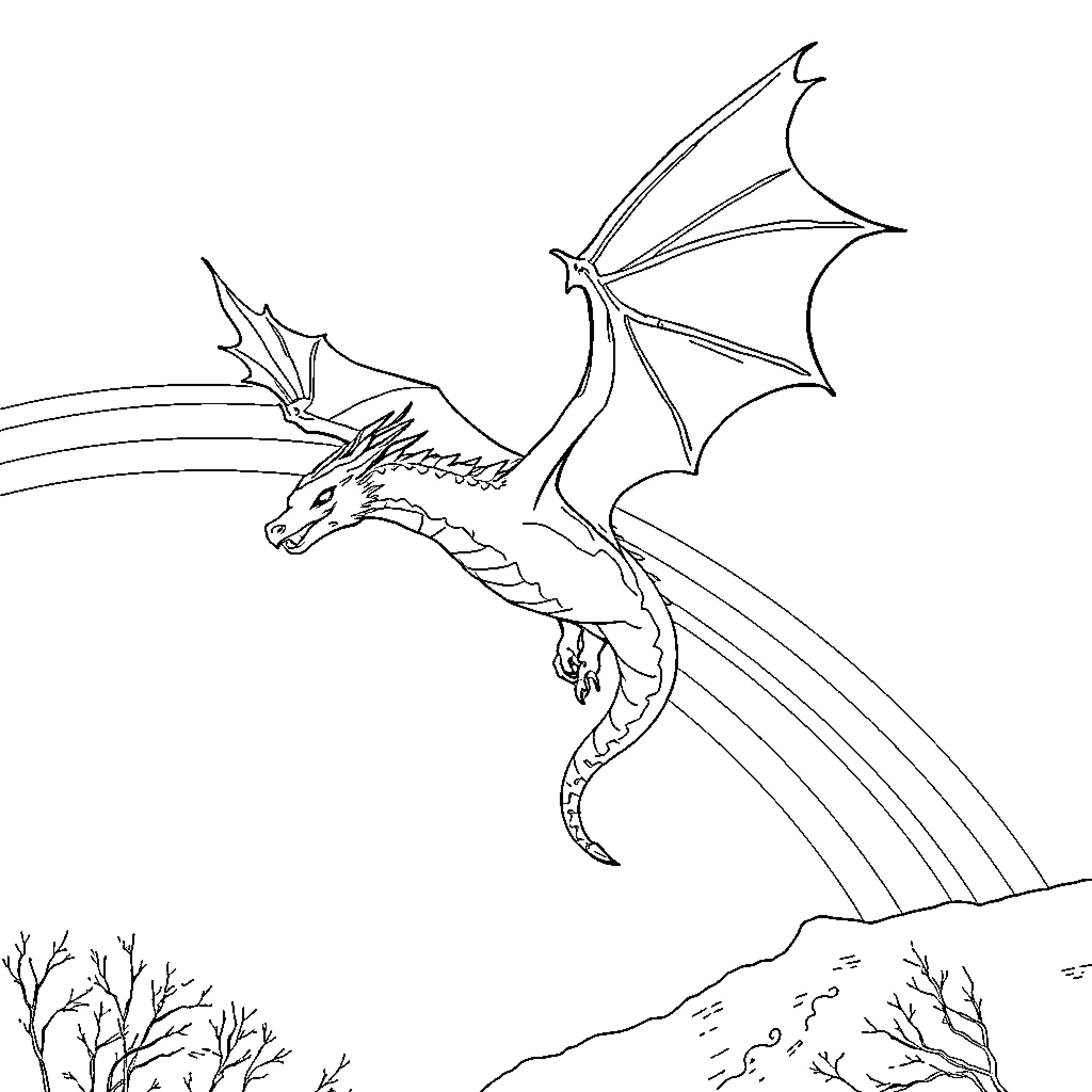 Dragon soaring over a winter landscape Coloring Page (free black-and-white line drawing printable PDF for all, from beginners to advanced learners, including children, teens, adults, and seniors)