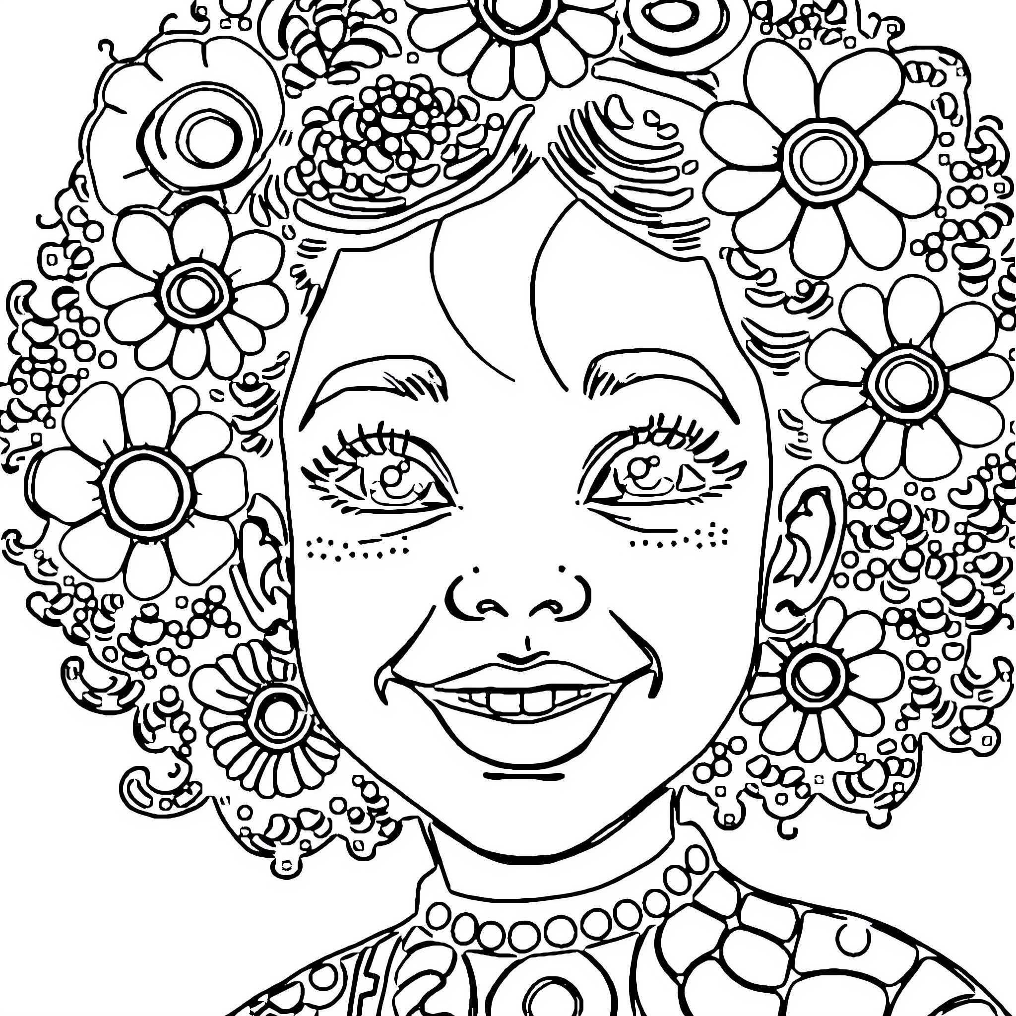 Girl with Floral Adornments and Joyful Expression Coloring Page (free black-and-white line drawing printable PDF for all, from beginners to advanced learners, including children, teens, adults, and seniors)