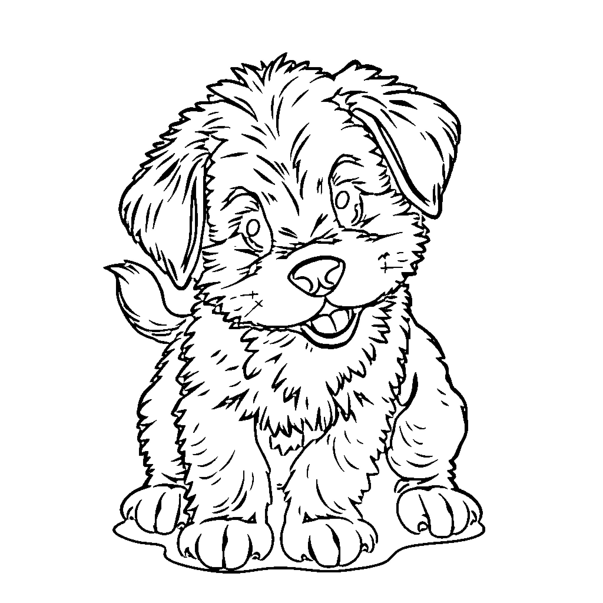 Puppy sitting happily on the ground Coloring Page (free black-and-white line drawing printable PDF for all, from beginners to advanced learners, including children, teens, adults, and seniors)
