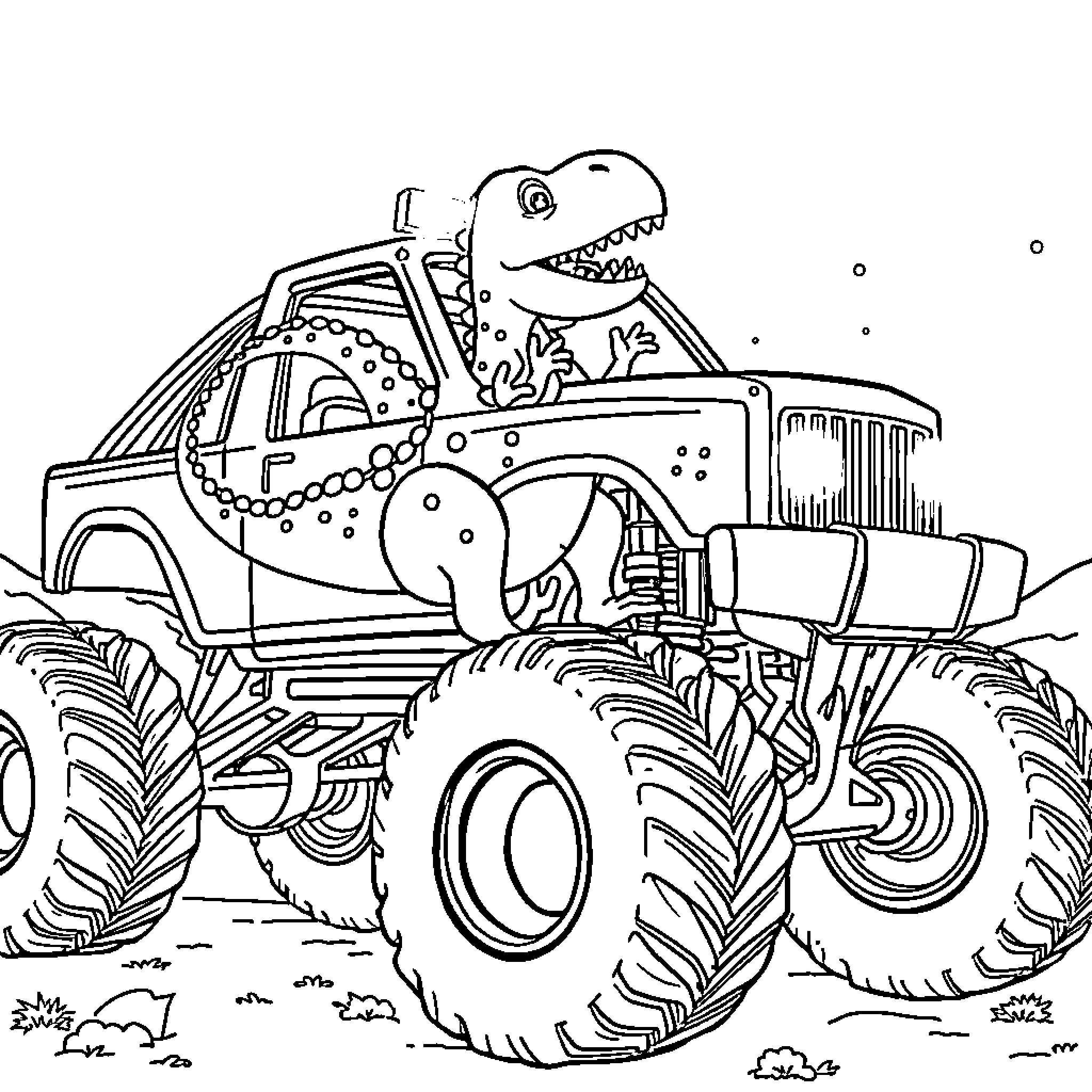 Dino Monster Truck on Adventure Coloring Page (free black-and-white line drawing printable PDF for all, from beginners to advanced learners, including children, teens, adults, and seniors)