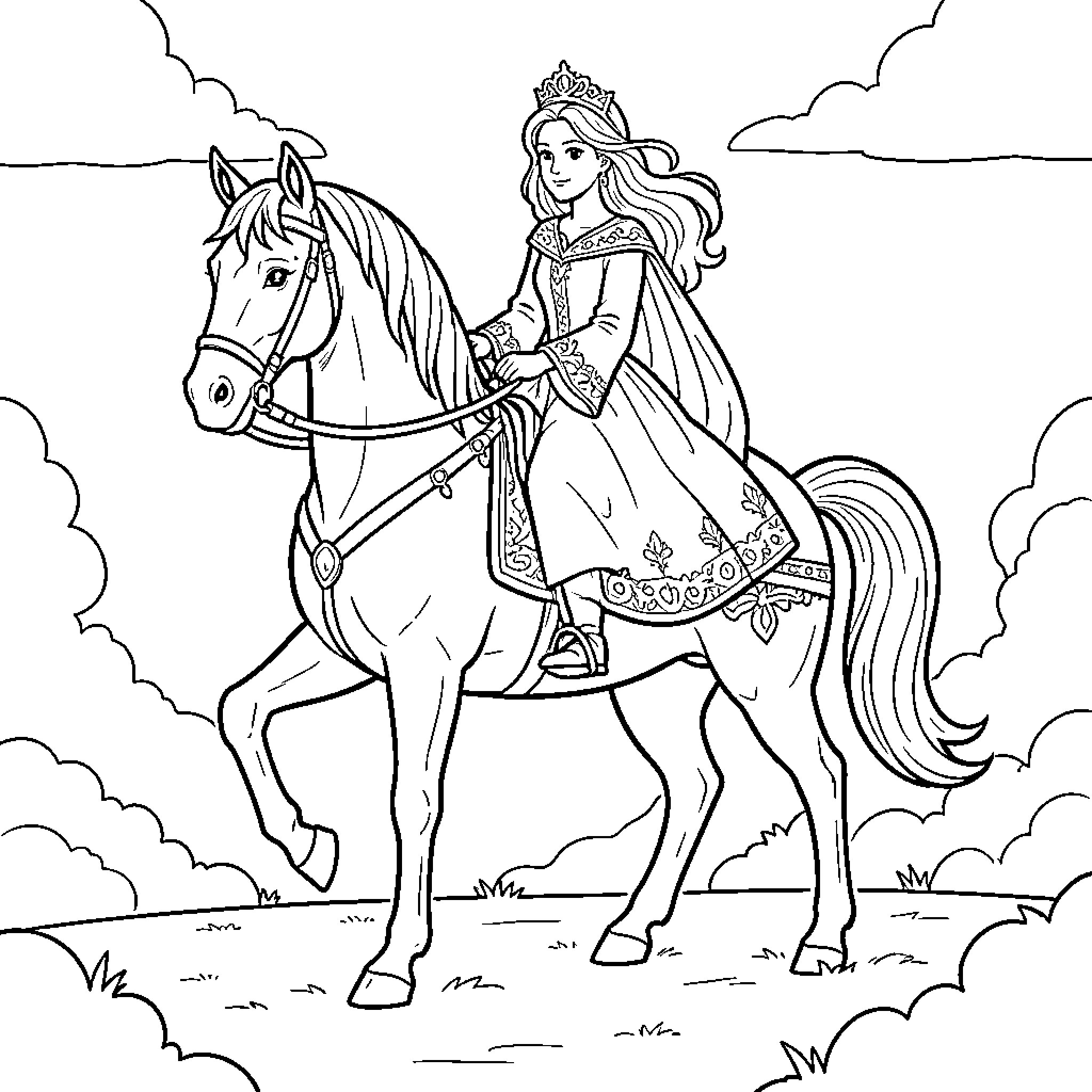 Princess riding a majestic horse through the clouds Coloring Page (free black-and-white line drawing printable PDF for all, from beginners to advanced learners, including children, teens, adults, and seniors)