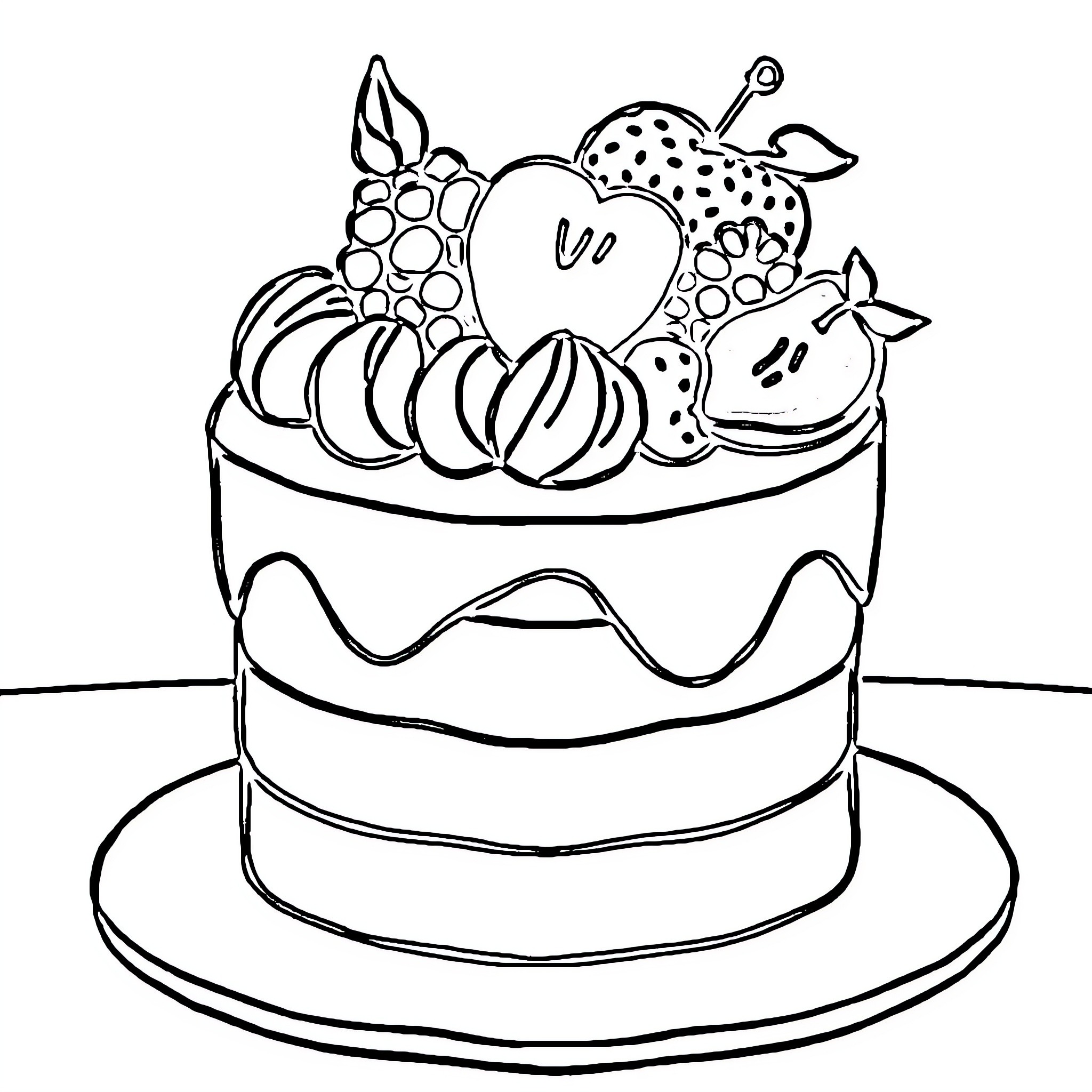 Cake decorated with various fruits Coloring Page (free black-and-white line drawing printable PDF for all, from beginners to advanced learners, including children, teens, adults, and seniors)