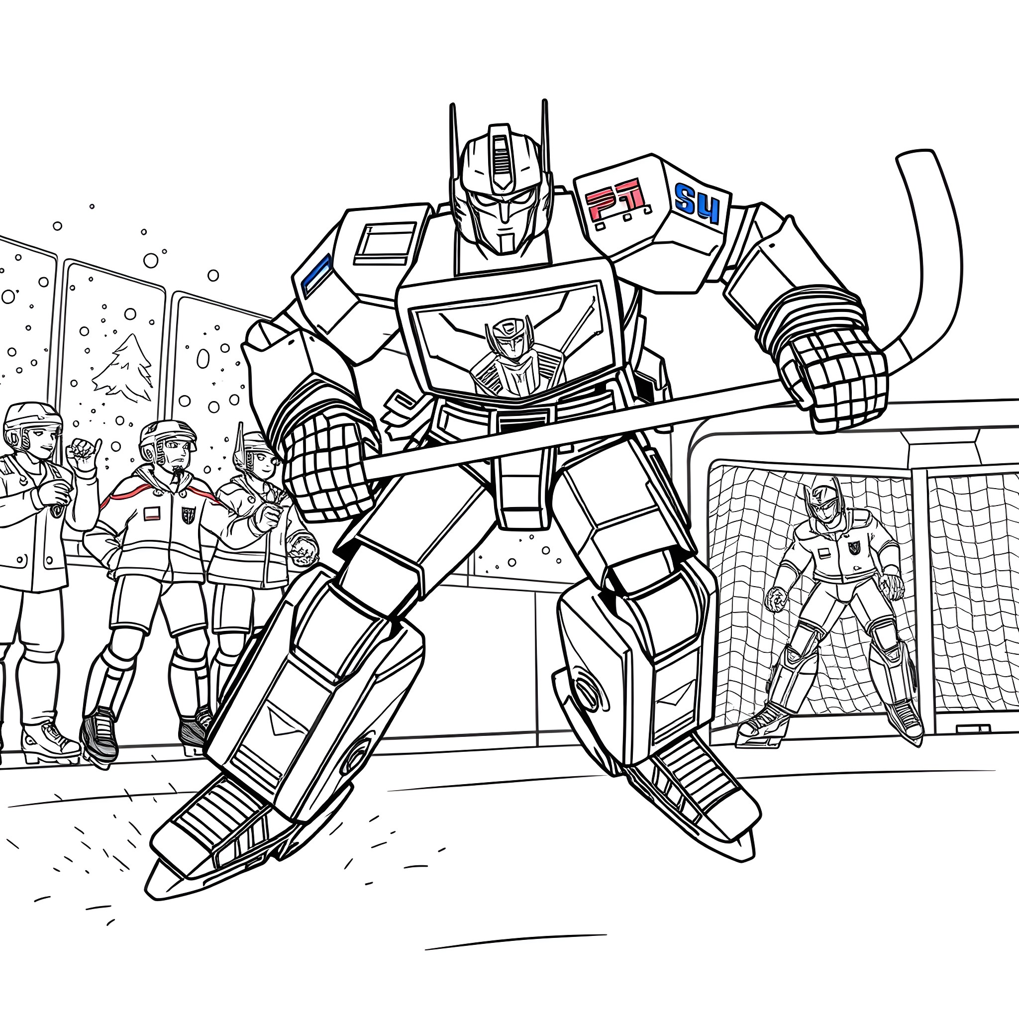 Optimus Prime in action, leading the Autobots on the ice hockey rink Coloring Page (free black-and-white line drawing printable PDF for all, from beginners to advanced learners, including children, teens, adults, and seniors)