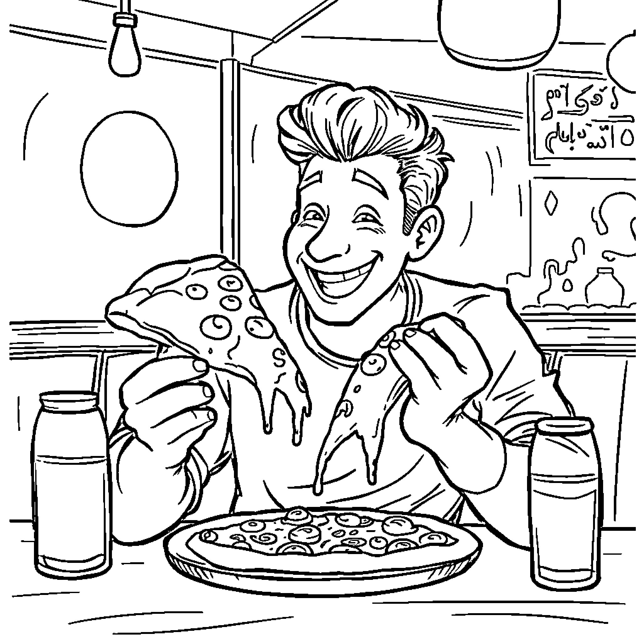 Lamine Yamal enjoying pizza with enthusiasm Coloring Page (free black-and-white line drawing printable PDF for all, from beginners to advanced learners, including children, teens, adults, and seniors)
