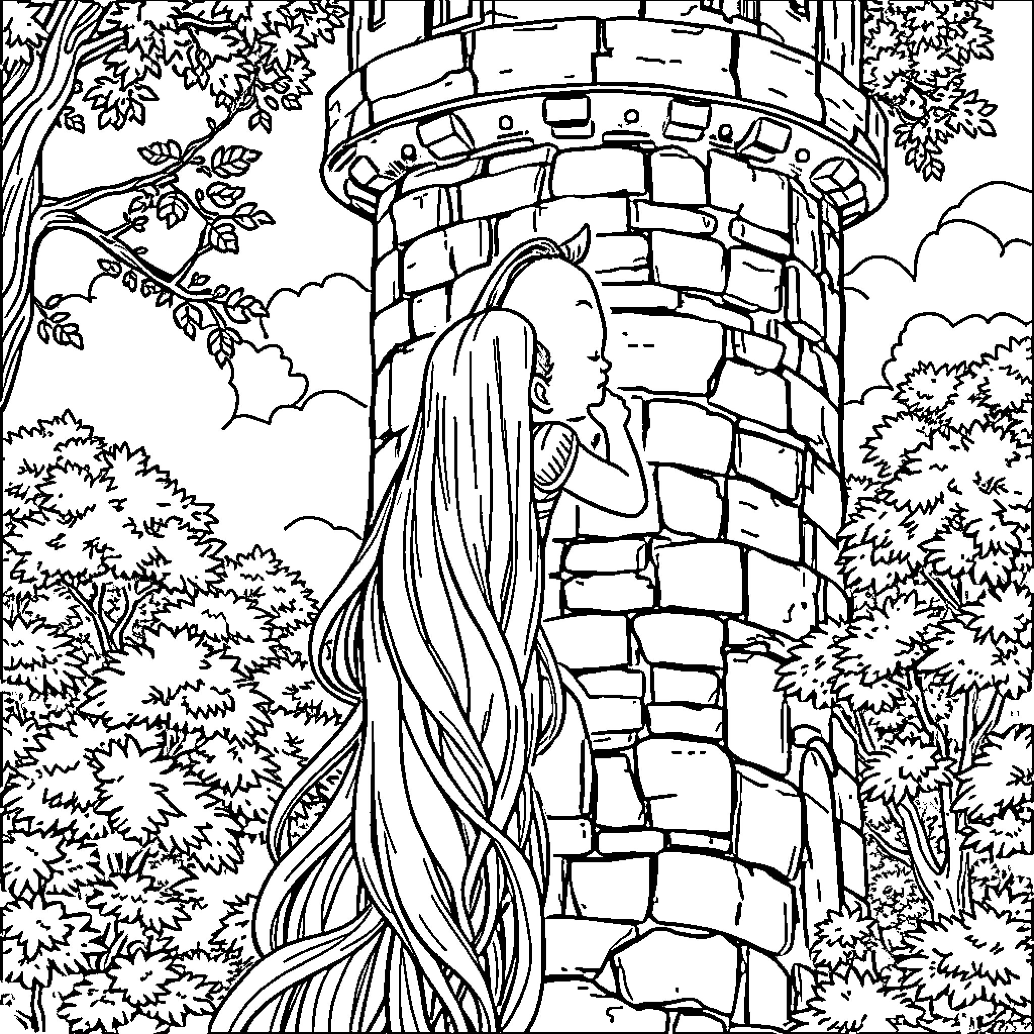 Rapunzel gazing out from her castle tower Coloring Page (free black-and-white line drawing printable PDF for all, from beginners to advanced learners, including children, teens, adults, and seniors)