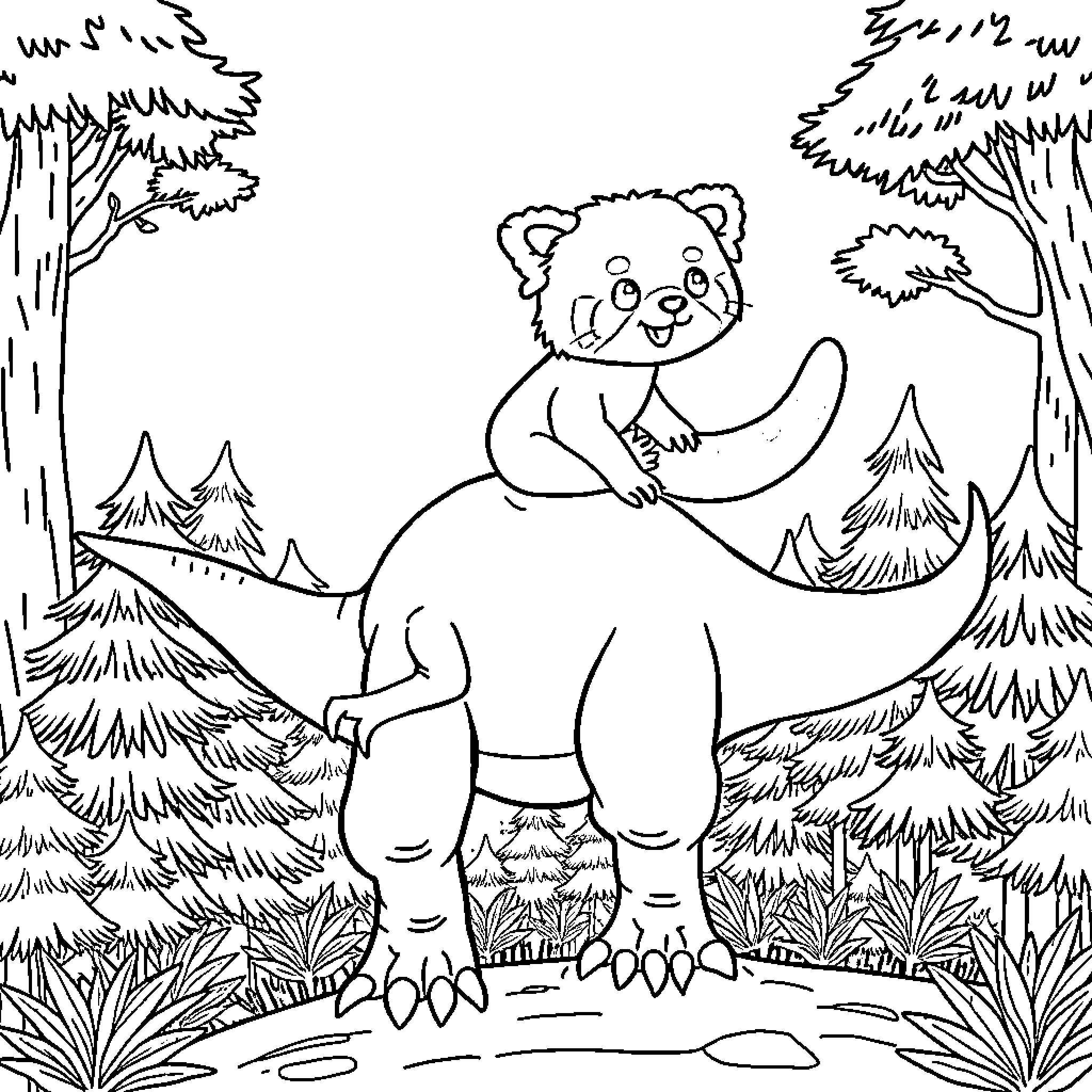 Red Panda exploring the forest landscape Coloring Page (free black-and-white line drawing printable PDF for all, from beginners to advanced learners, including children, teens, adults, and seniors)