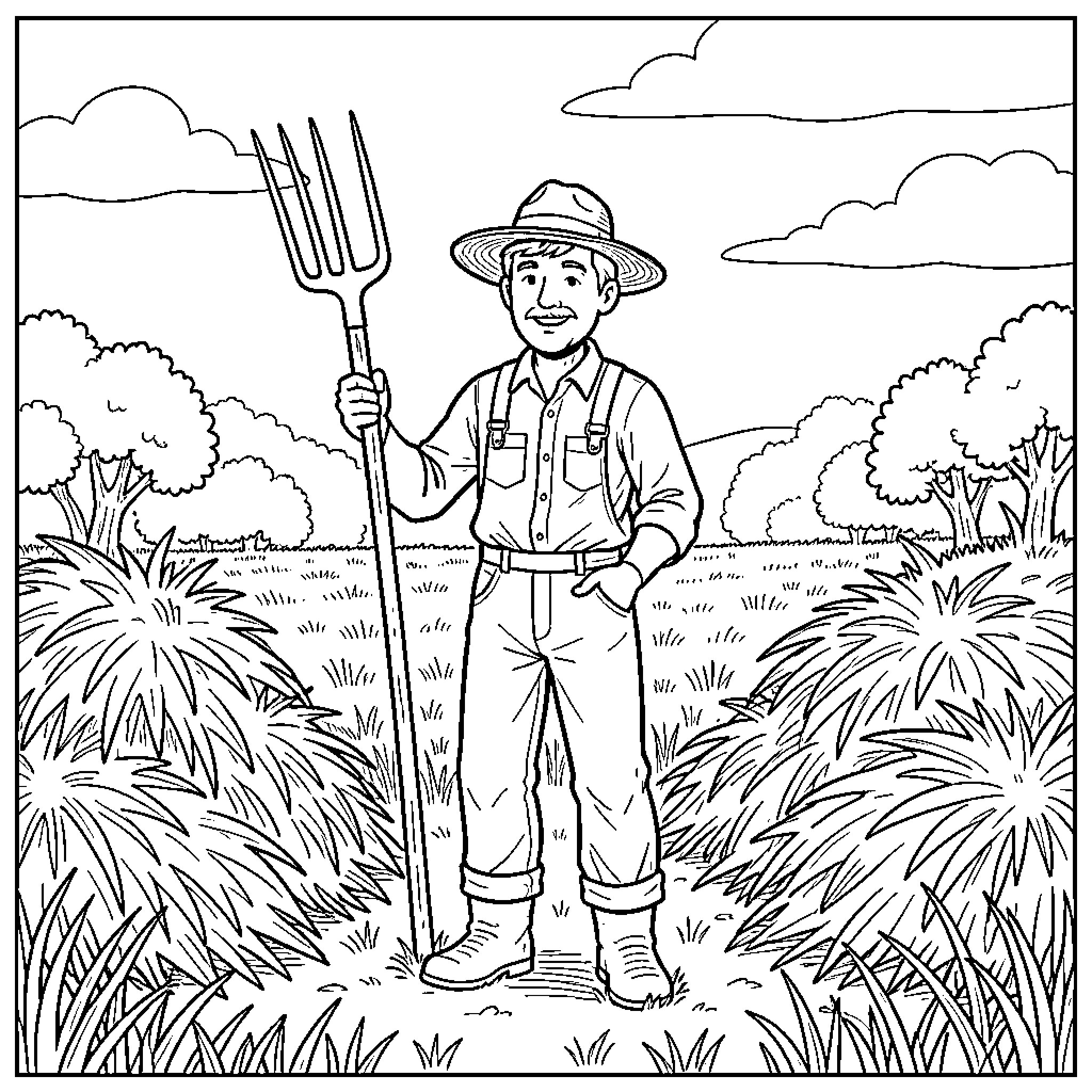 Farmer in the field with farm equipment Coloring Page (free black-and-white line drawing printable PDF for all, from beginners to advanced learners, including children, teens, adults, and seniors)