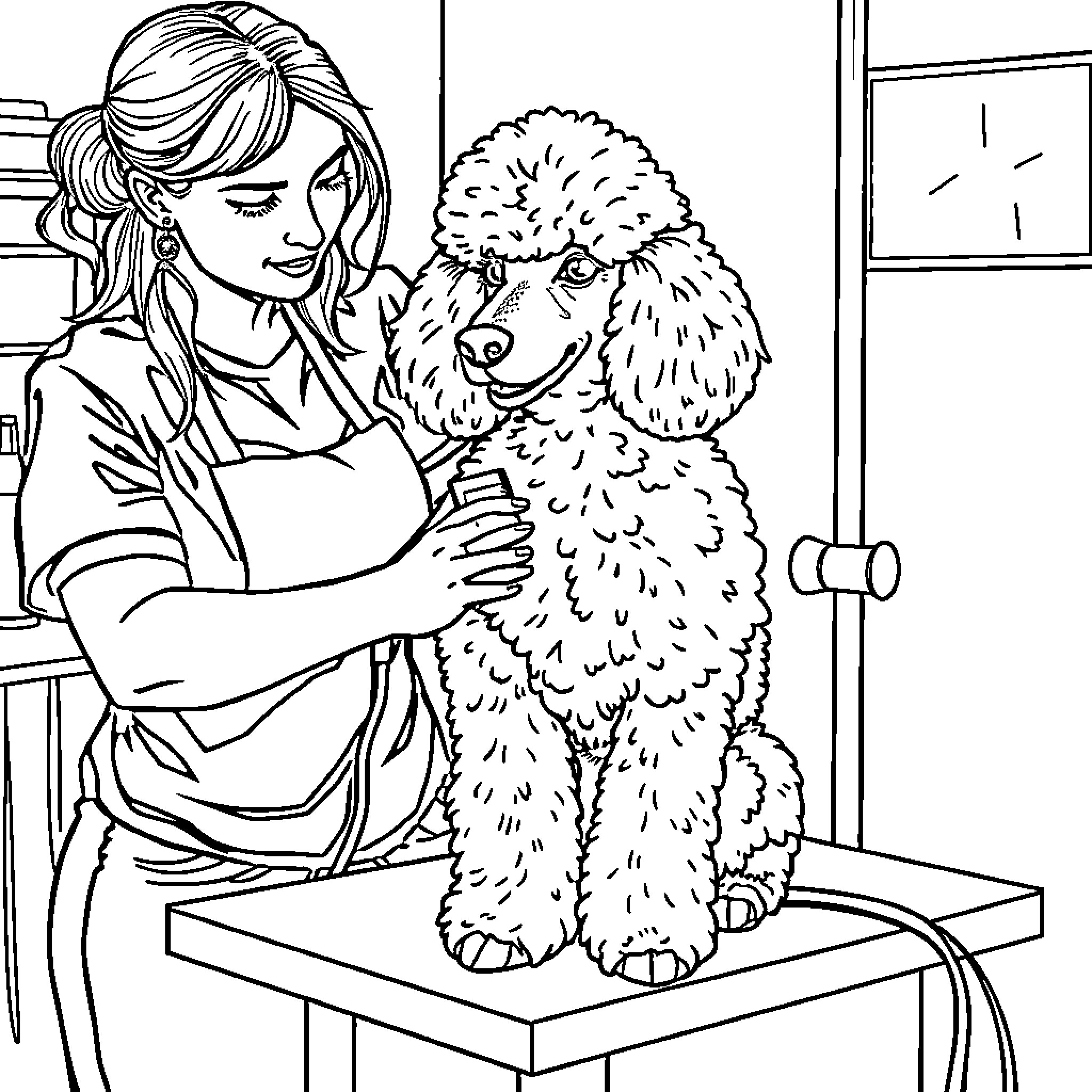 Dog getting groomed by kind owner Coloring Page (free black-and-white line drawing printable PDF for all, from beginners to advanced learners, including children, teens, adults, and seniors)
