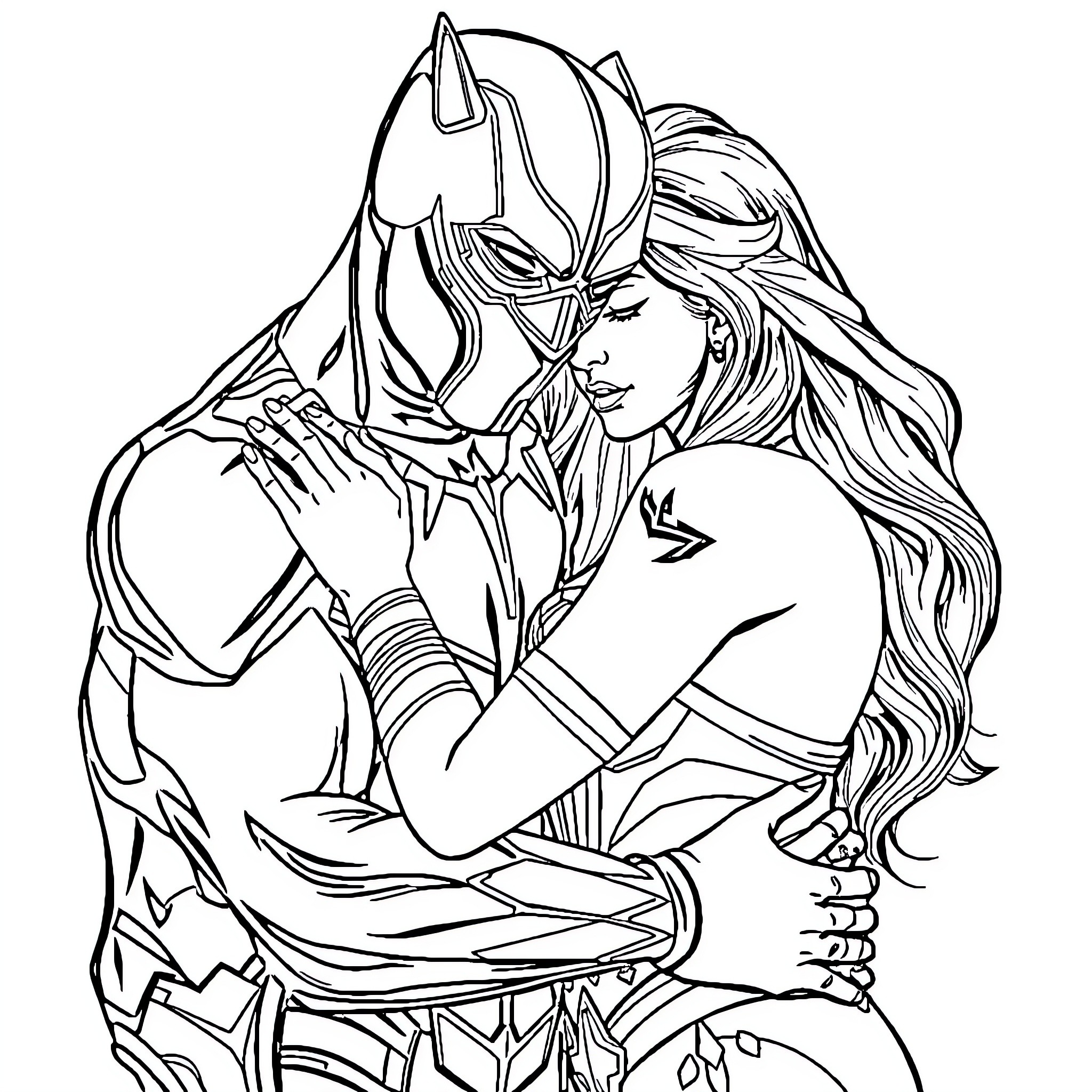 Panther-like warrior contemplating her next move Coloring Page (free black-and-white line drawing printable PDF for all, from beginners to advanced learners, including children, teens, adults, and seniors)