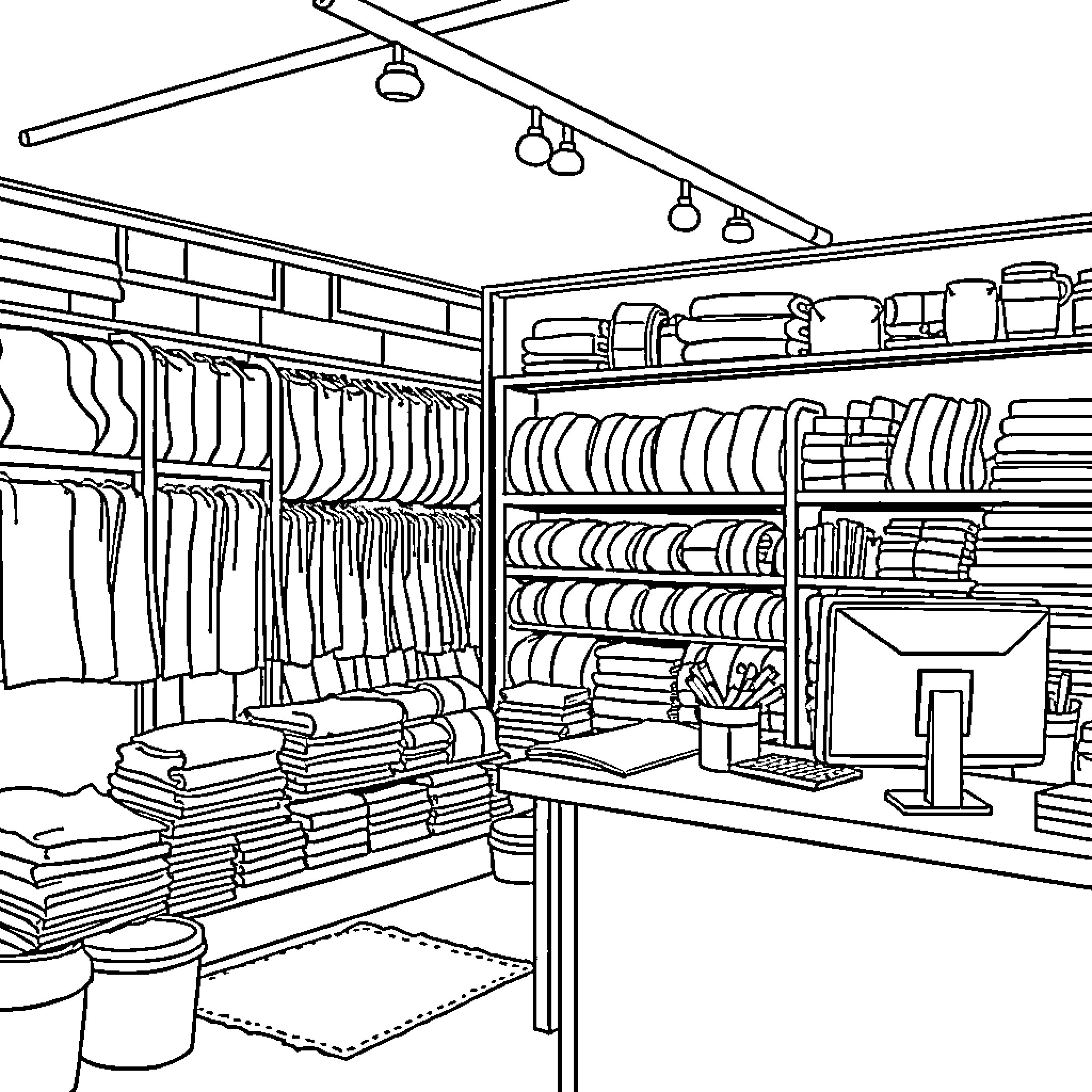 Textile Retail Store with Organized Shelves and Displays Coloring Page (free black-and-white line drawing printable PDF for all, from beginners to advanced learners, including children, teens, adults, and seniors)