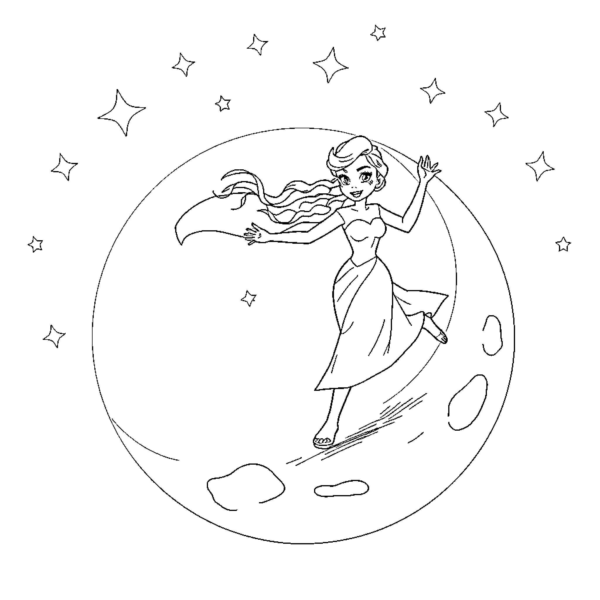 Elsa dancing gracefully under the stars Coloring Page (free black-and-white line drawing printable PDF for all, from beginners to advanced learners, including children, teens, adults, and seniors)