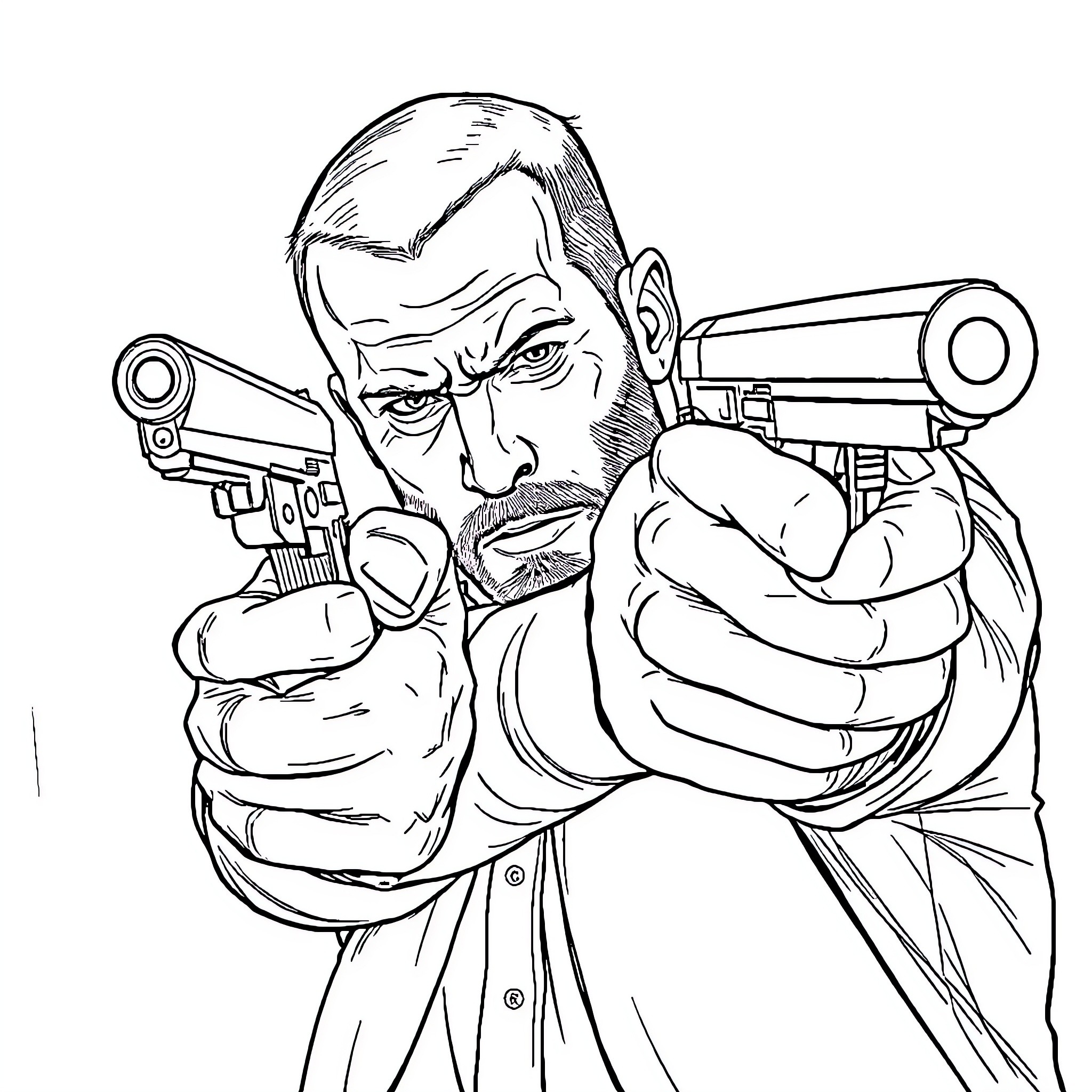 Jason Statham Aiming Guns with Determined Expression Coloring Page (free black-and-white line drawing printable PDF for all, from beginners to advanced learners, including children, teens, adults, and seniors)