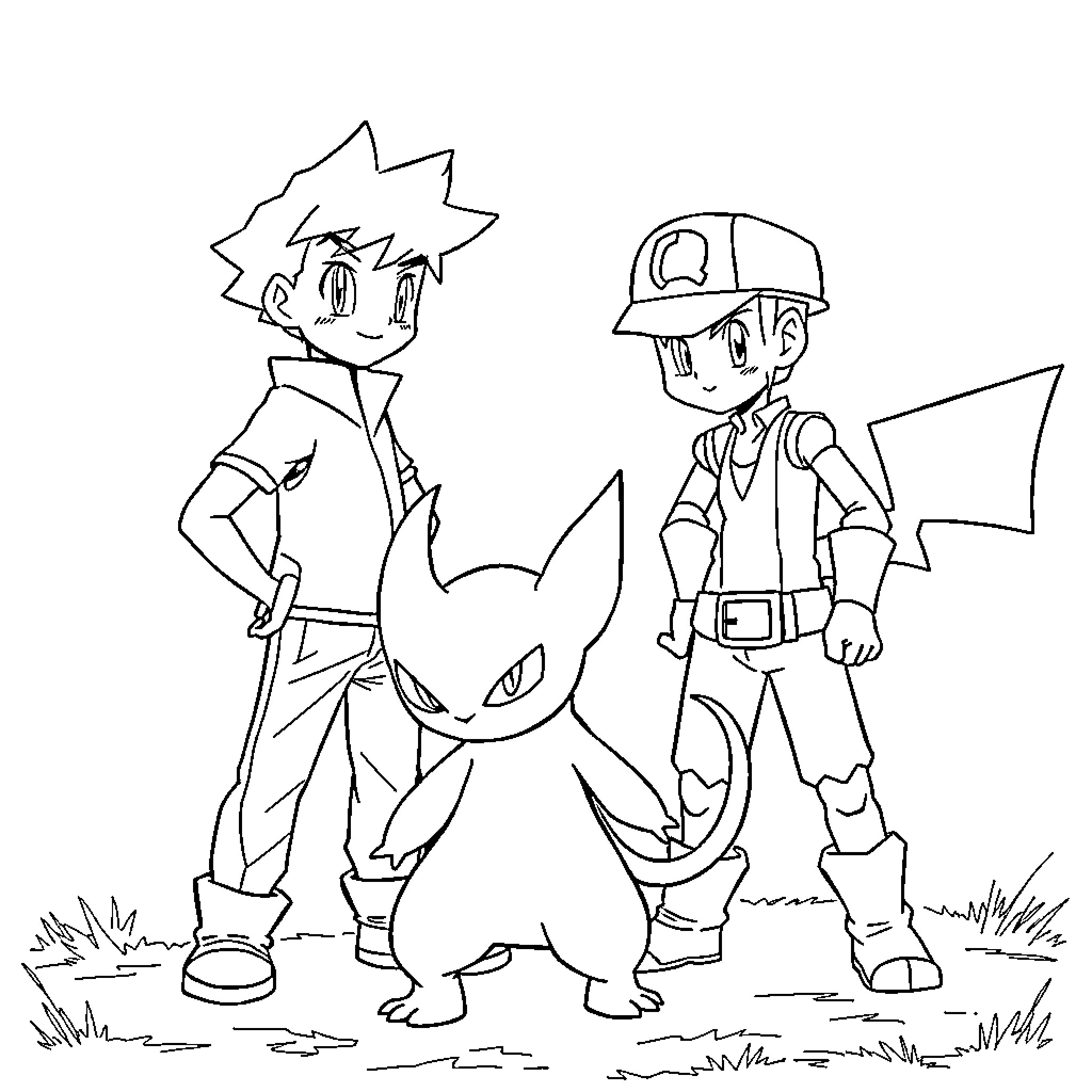 Ash and Trainer Encounter Fierce Pokémon Coloring Page (free black-and-white line drawing printable PDF for all, from beginners to advanced learners, including children, teens, adults, and seniors)