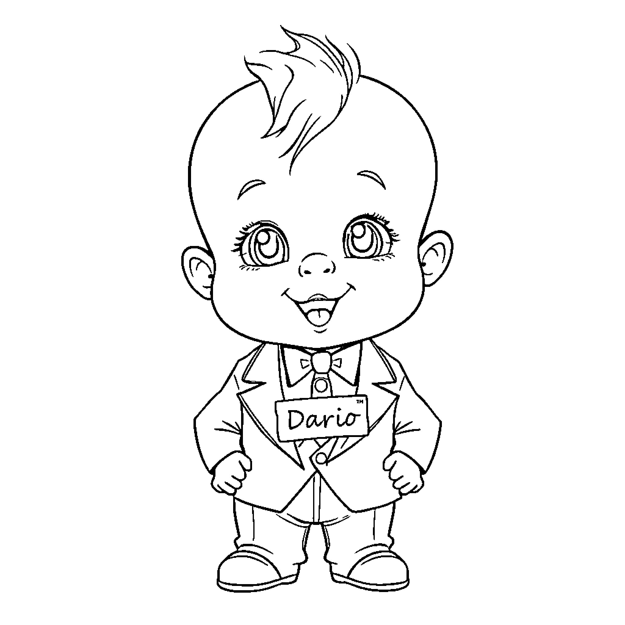 Boss Baby Wearing Formal Suit and Bowtie Coloring Page (free black-and-white line drawing printable PDF for all, from beginners to advanced learners, including children, teens, adults, and seniors)