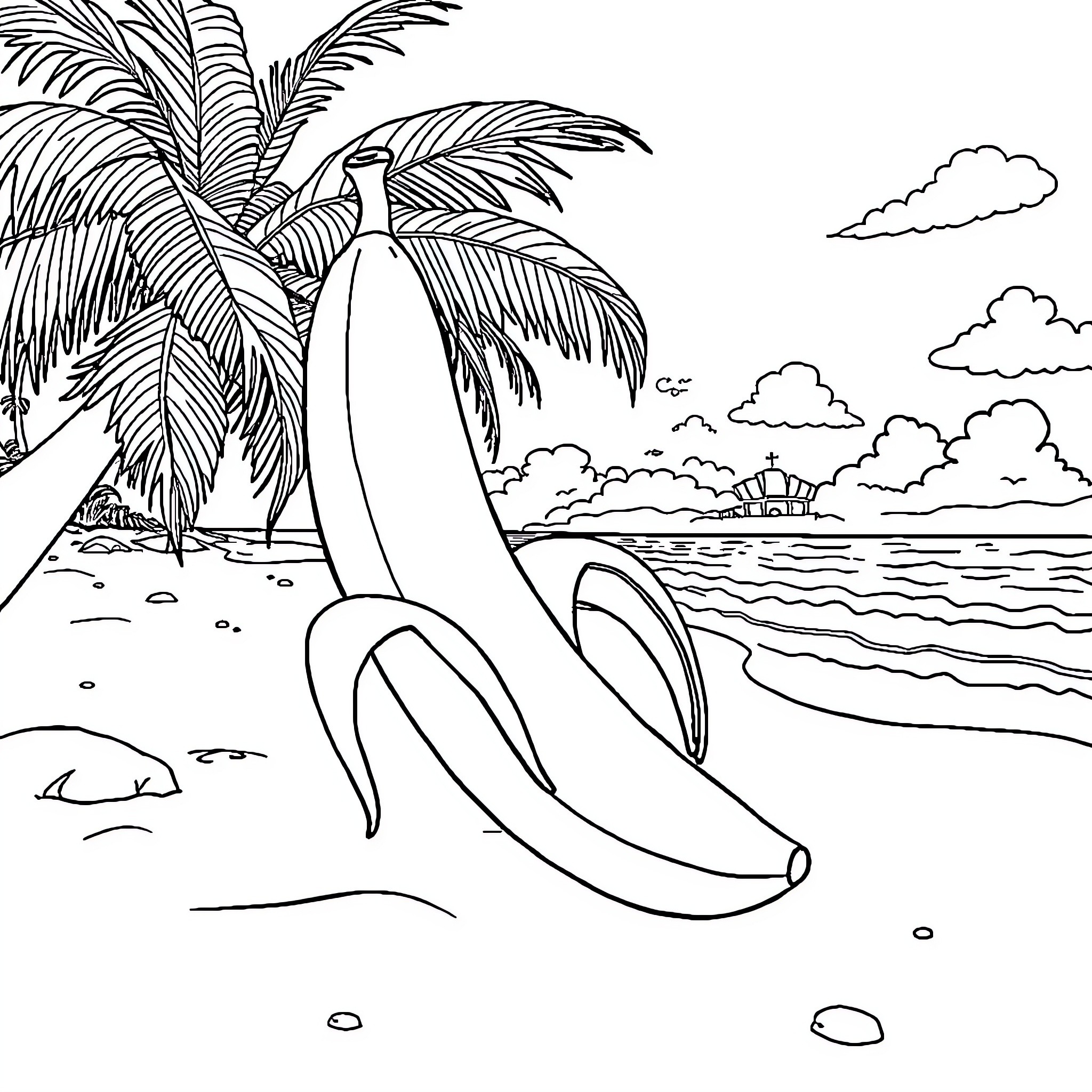 Banana-shaped surfboard on tropical beach Coloring Page (free black-and-white line drawing printable PDF for all, from beginners to advanced learners, including children, teens, adults, and seniors)