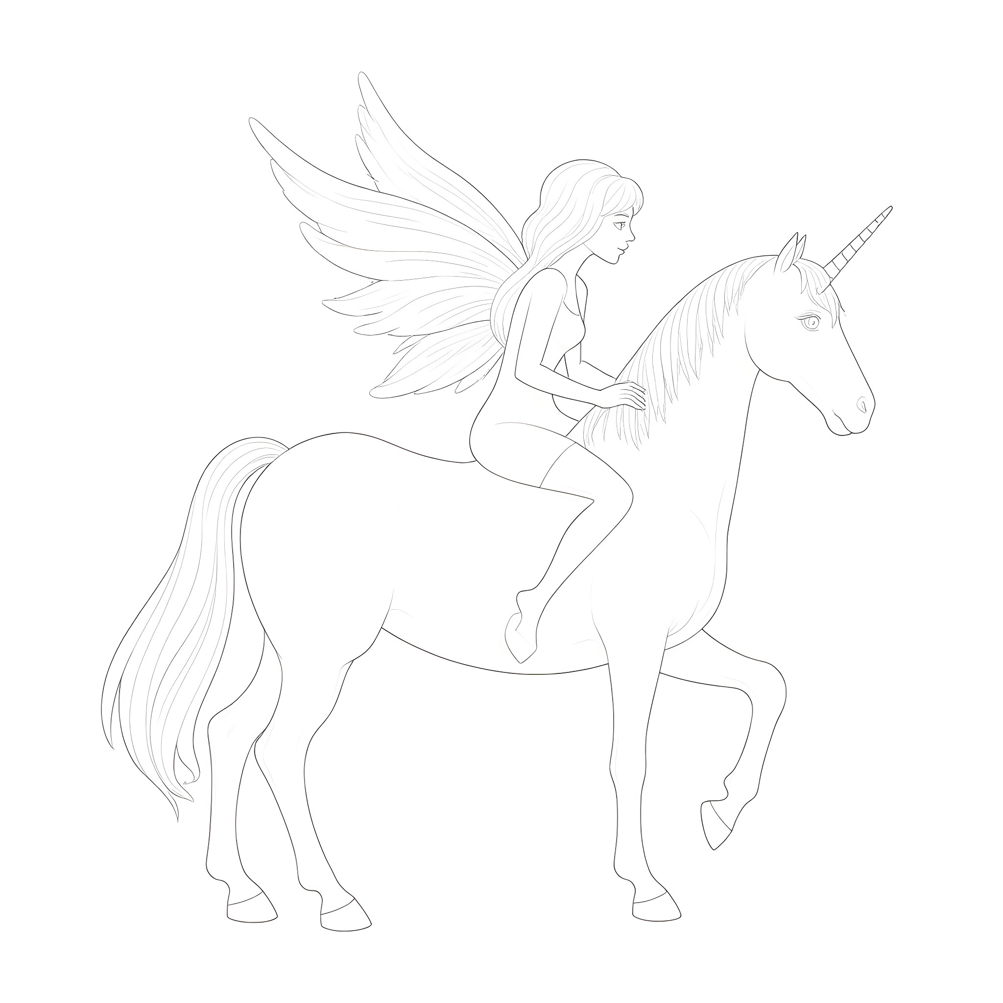 Fairy riding a unicorn in the sky Coloring Page (free black-and-white line drawing printable PDF for all, from beginners to advanced learners, including children, teens, adults, and seniors)