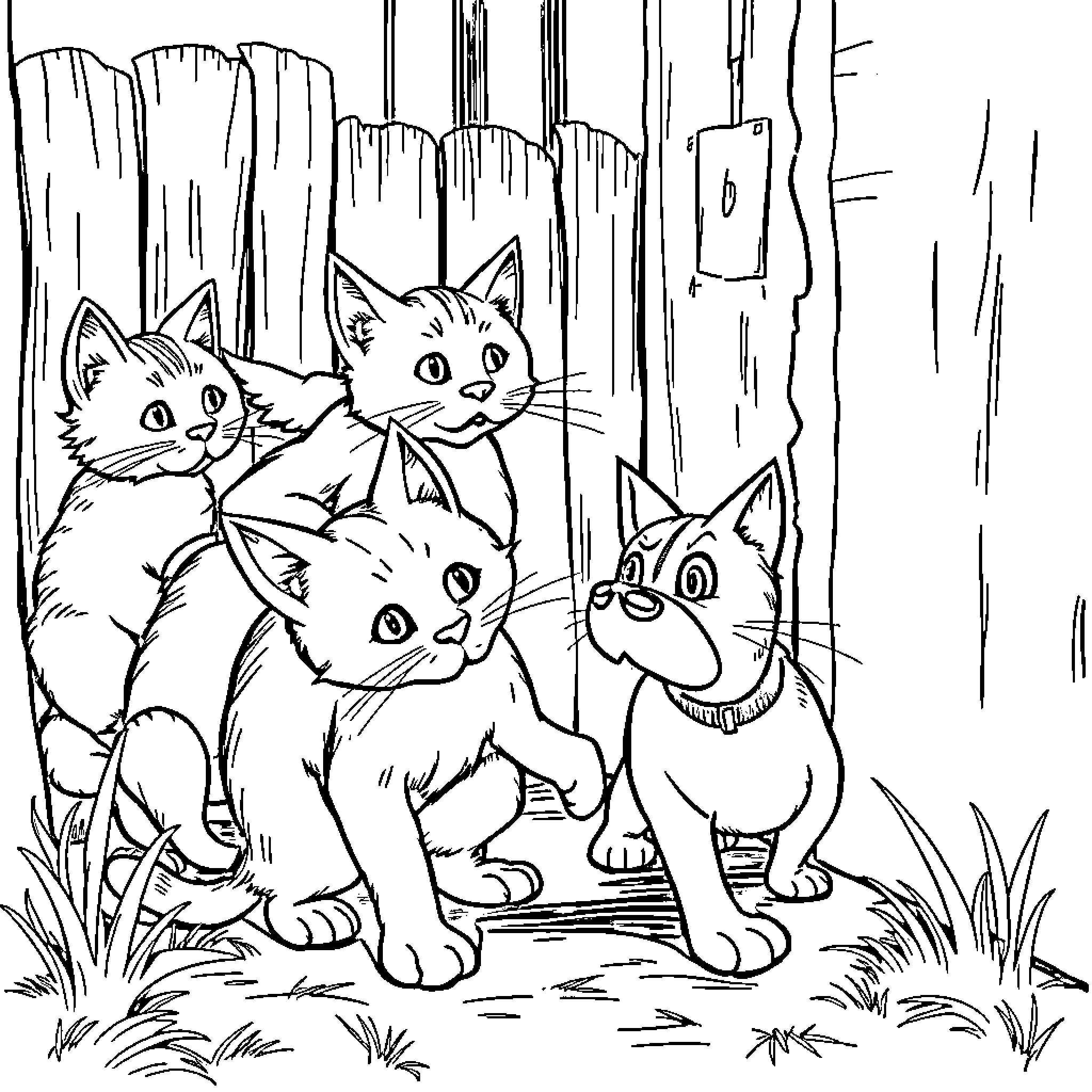 Cat Kittens Exploring Nature Outdoors Coloring Page (free black-and-white line drawing printable PDF for all, from beginners to advanced learners, including children, teens, adults, and seniors)