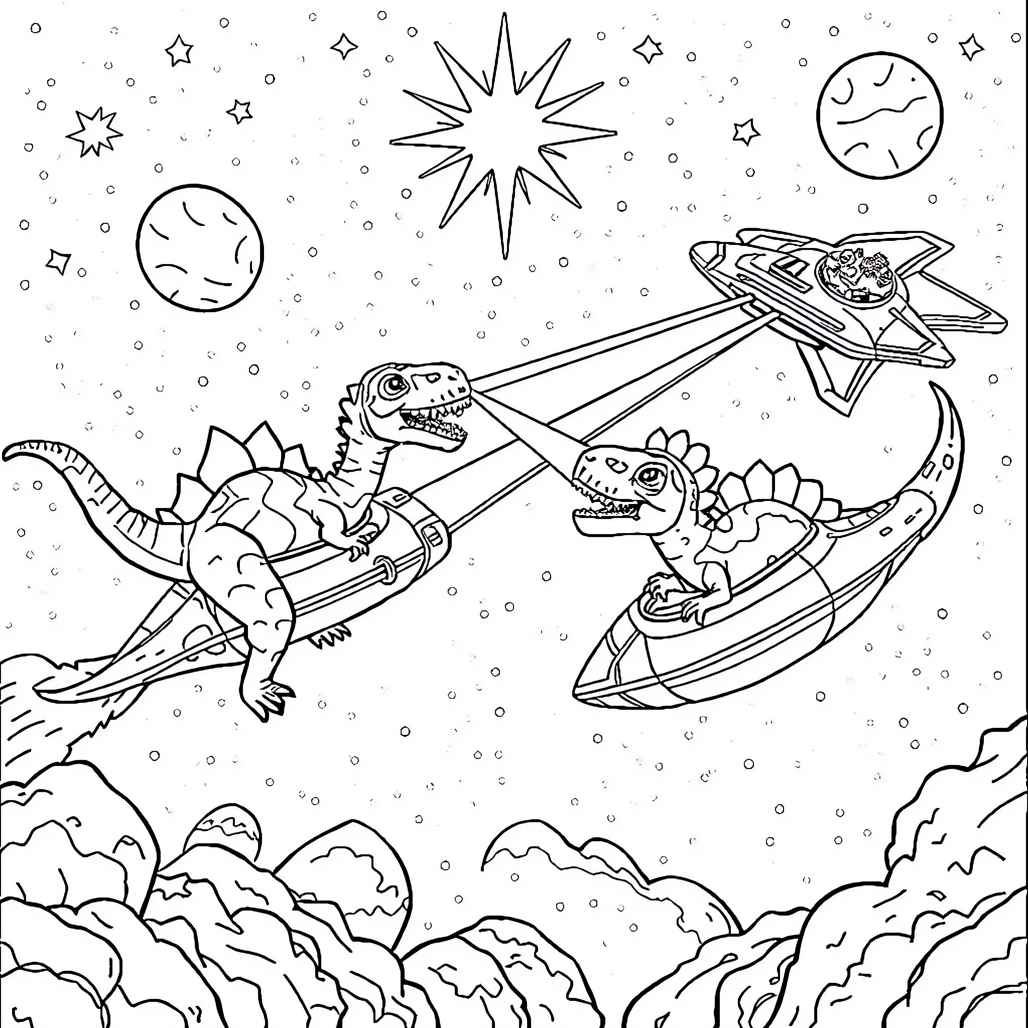 Dinosaurs riding spaceships in the cosmic universe Coloring Page (free black-and-white line drawing printable PDF for all, from beginners to advanced learners, including children, teens, adults, and seniors)