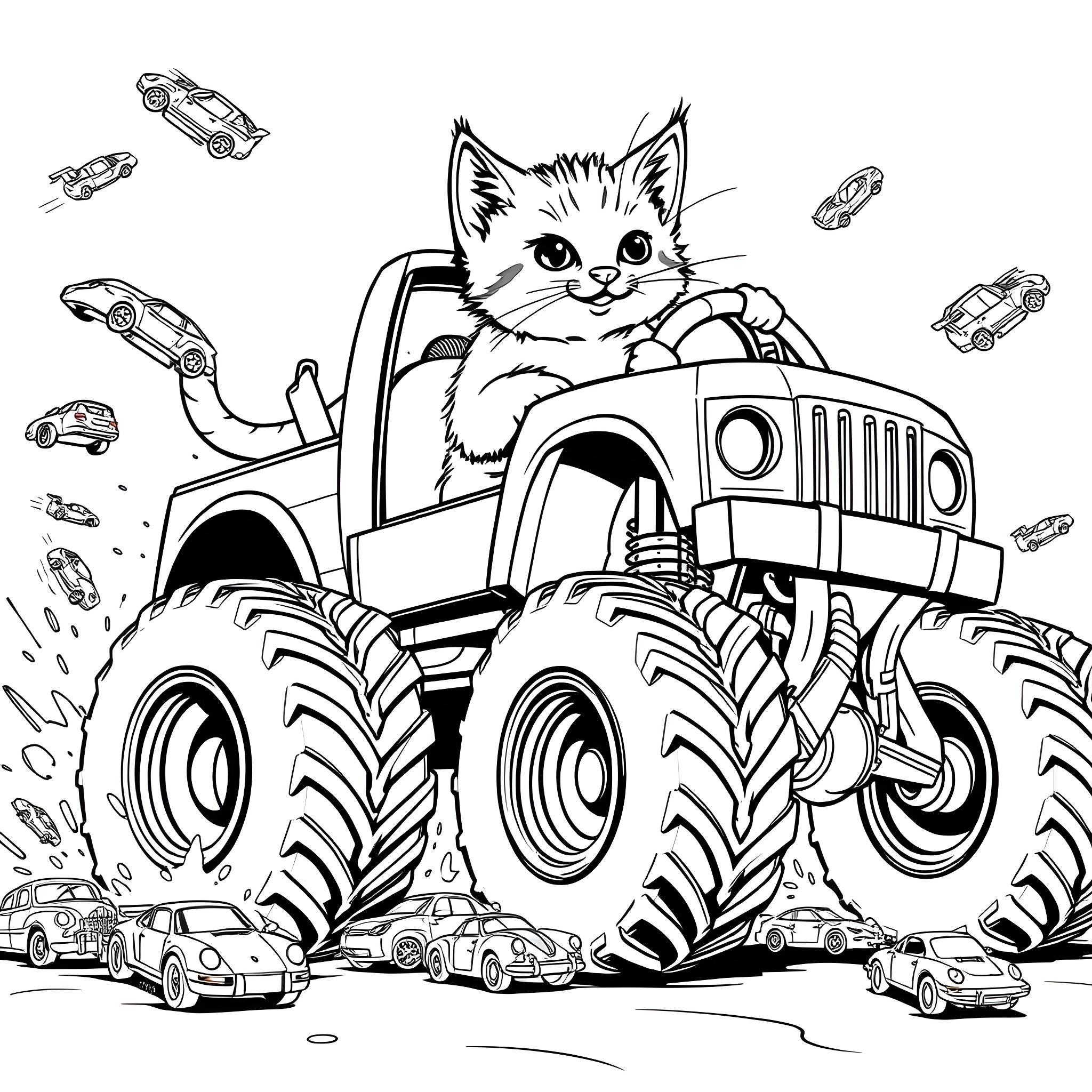Kitten driving a monster truck through the town Coloring Page (free black-and-white line drawing printable PDF for all, from beginners to advanced learners, including children, teens, adults, and seniors)