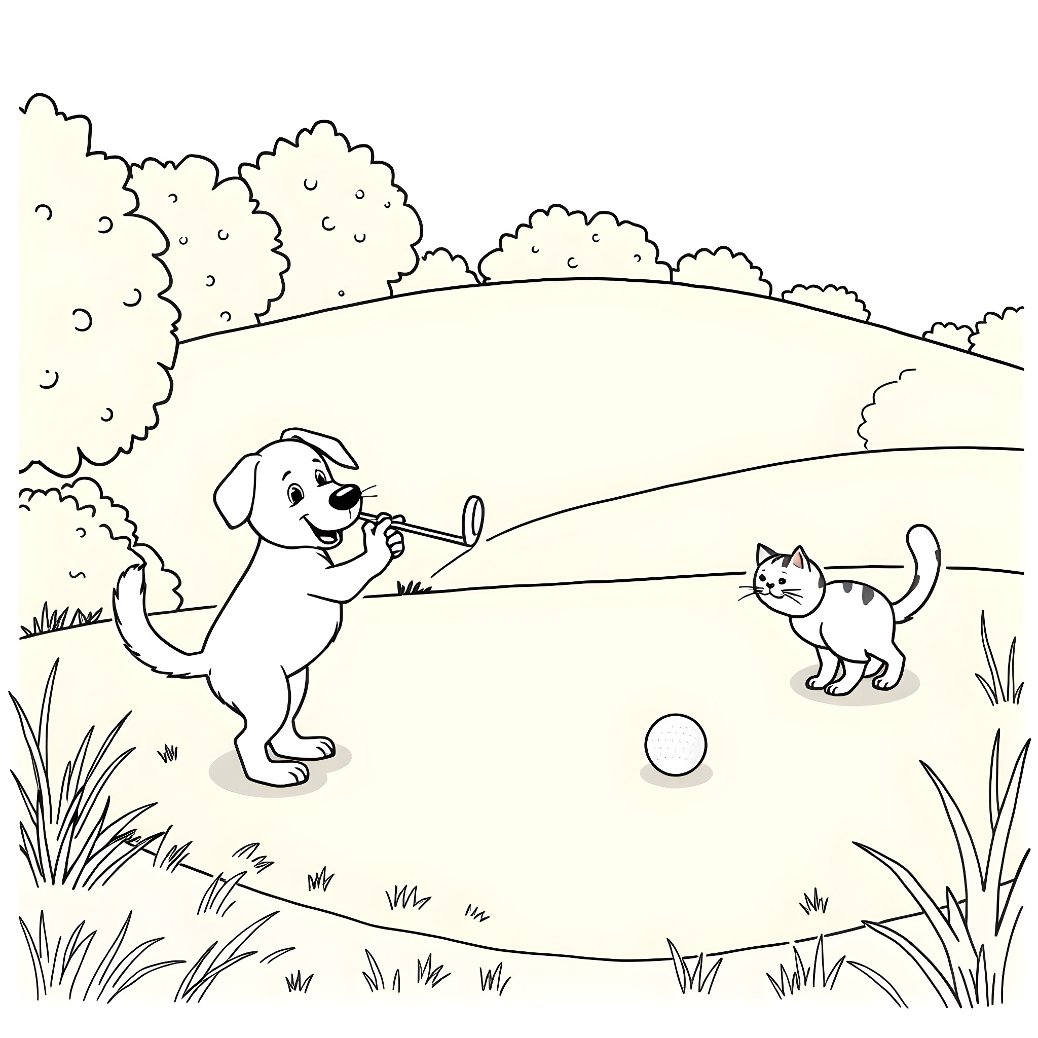 Dog playing fetch with cat in the park Coloring Page (free black-and-white line drawing printable PDF for all, from beginners to advanced learners, including children, teens, adults, and seniors)