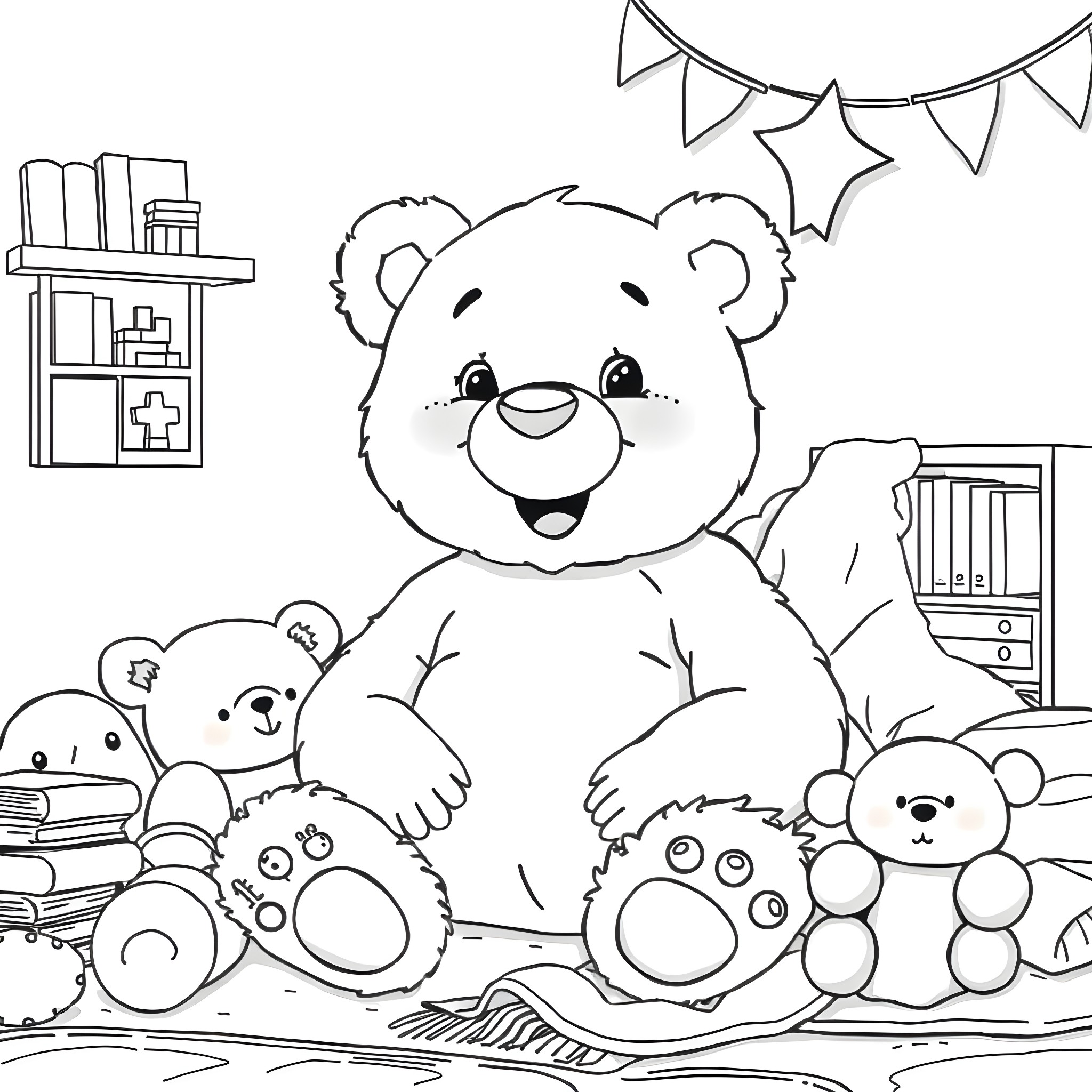 Teddy Bears Celebrating in a Cozy Room Coloring Page (free black-and-white line drawing printable PDF for all, from beginners to advanced learners, including children, teens, adults, and seniors)