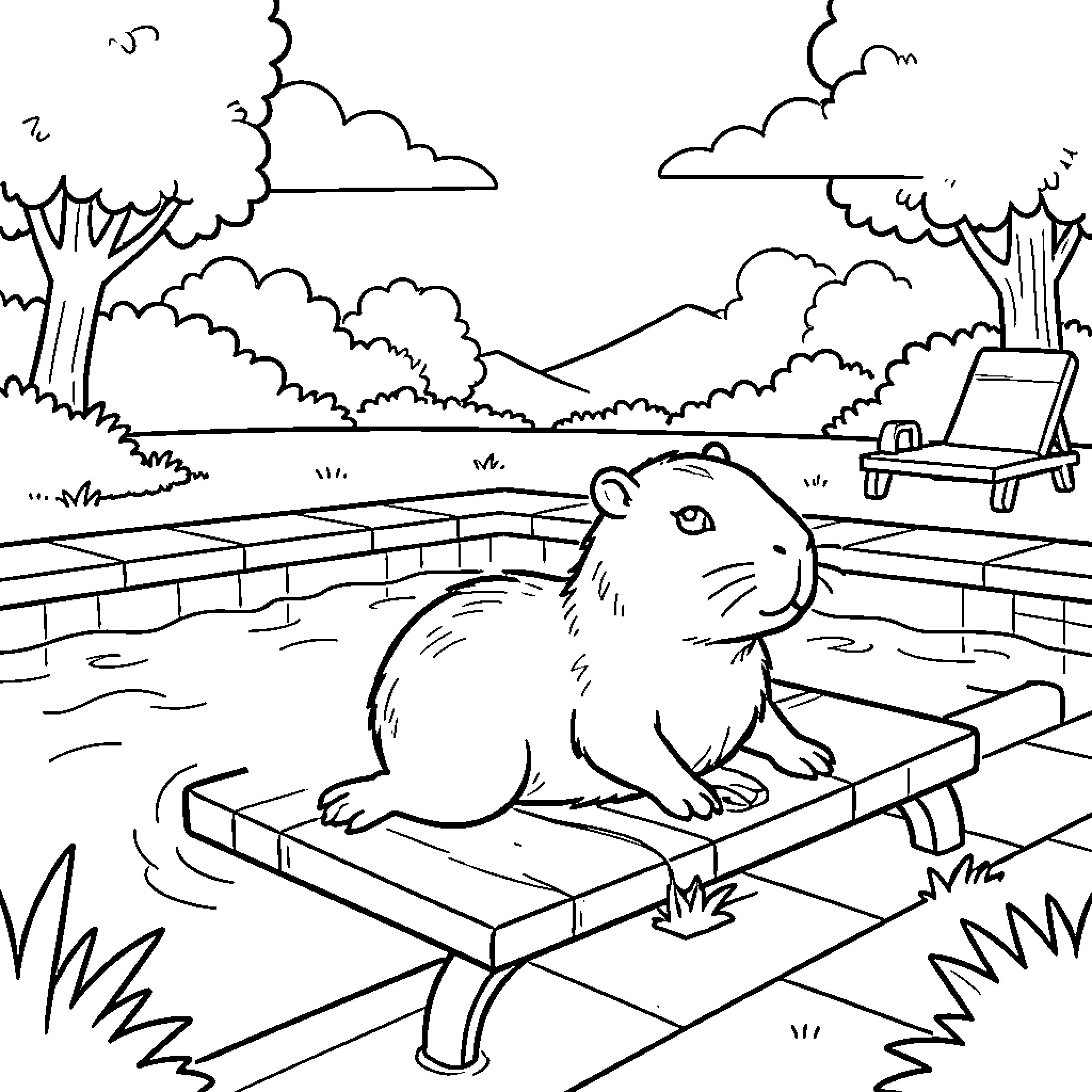 Capybara relaxing on a lounge chair by the pool Coloring Page (free black-and-white line drawing printable PDF for all, from beginners to advanced learners, including children, teens, adults, and seniors)
