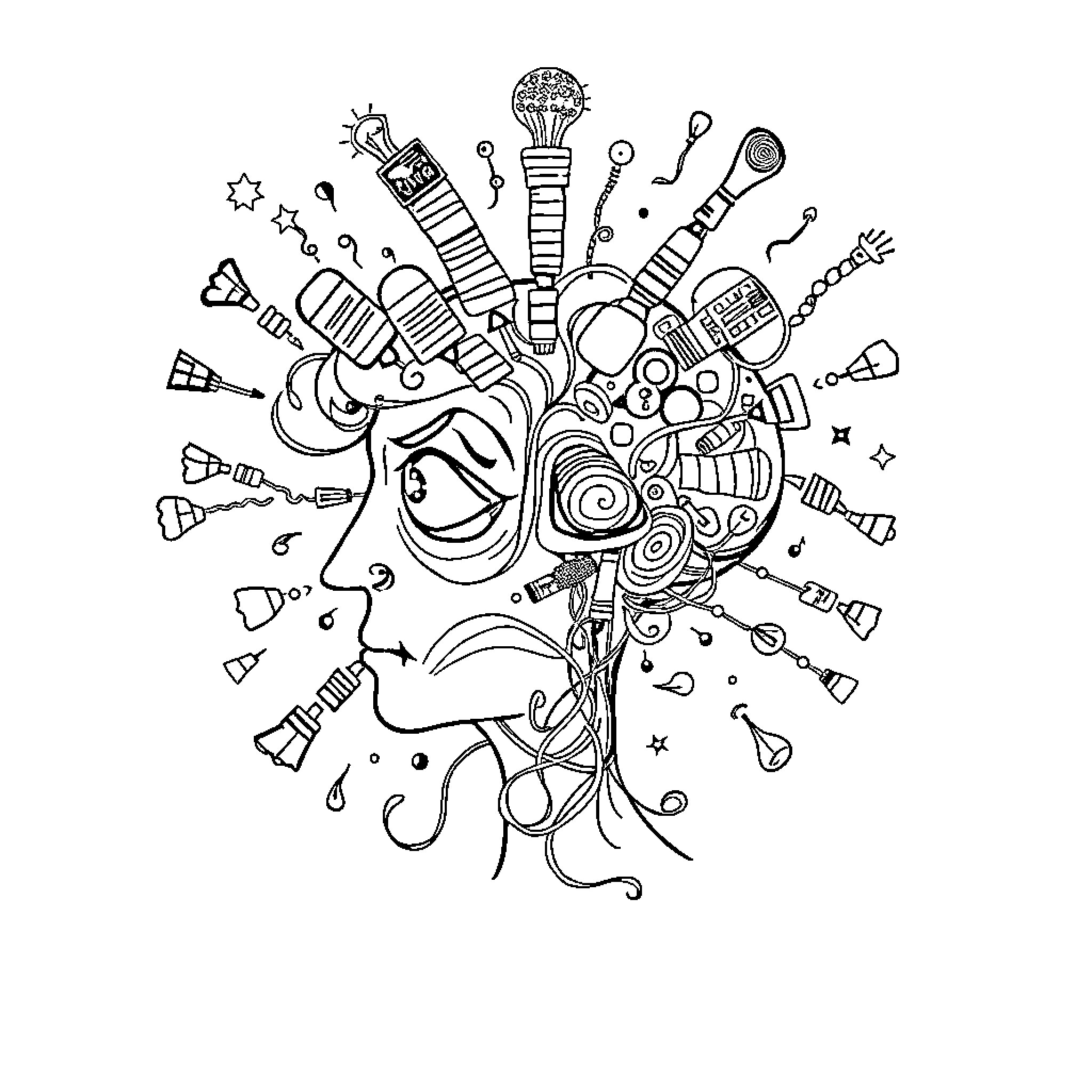 Brainrot: Abstract Explosion of Chaotic Elements Coloring Page (free black-and-white line drawing printable PDF for all, from beginners to advanced learners, including children, teens, adults, and seniors)