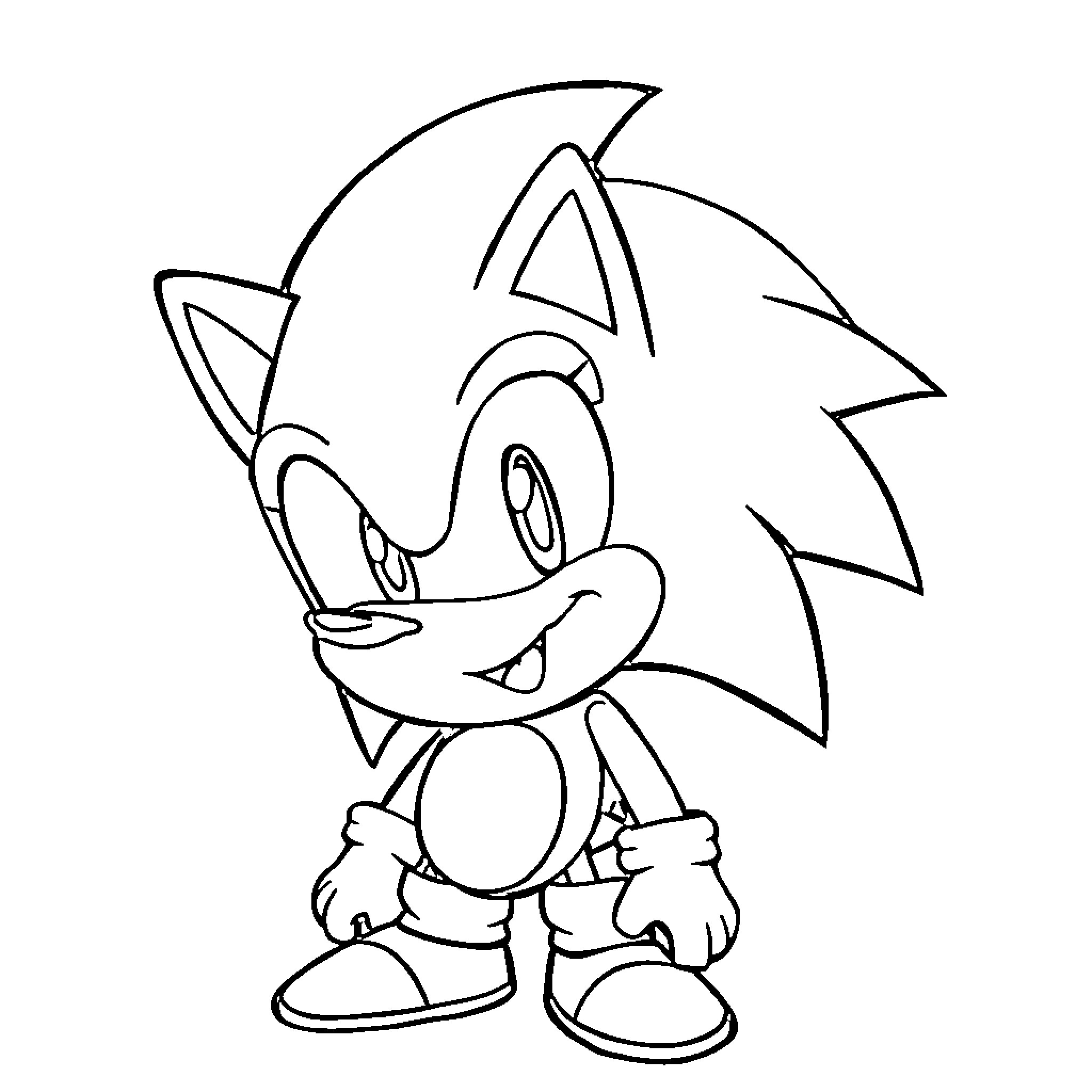 Sonic the Hedgehog in a happy and energetic pose Coloring Page (free black-and-white line drawing printable PDF for all, from beginners to advanced learners, including children, teens, adults, and seniors)