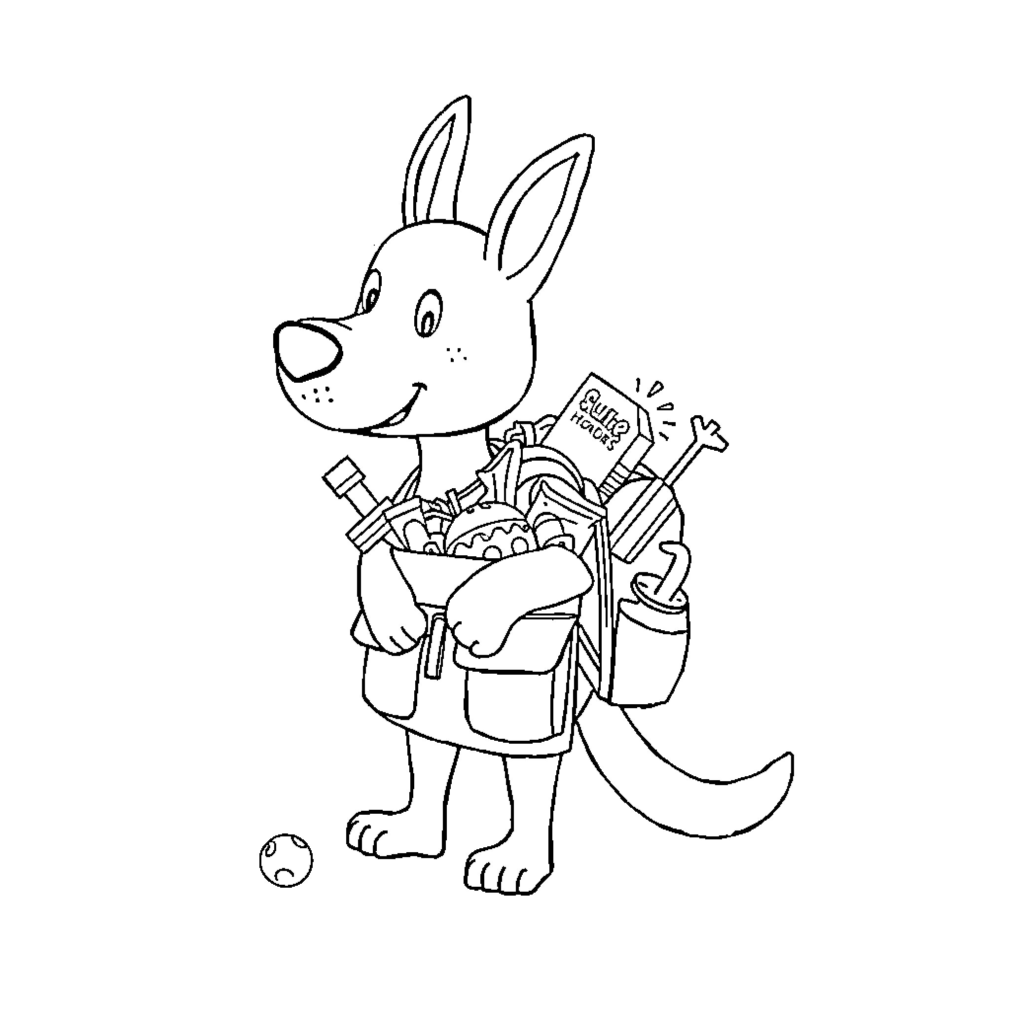 Ollie's Pack - Cheerful Dog with Backpack and School Supplies Coloring Page (free black-and-white line drawing printable PDF for all, from beginners to advanced learners, including children, teens, adults, and seniors)