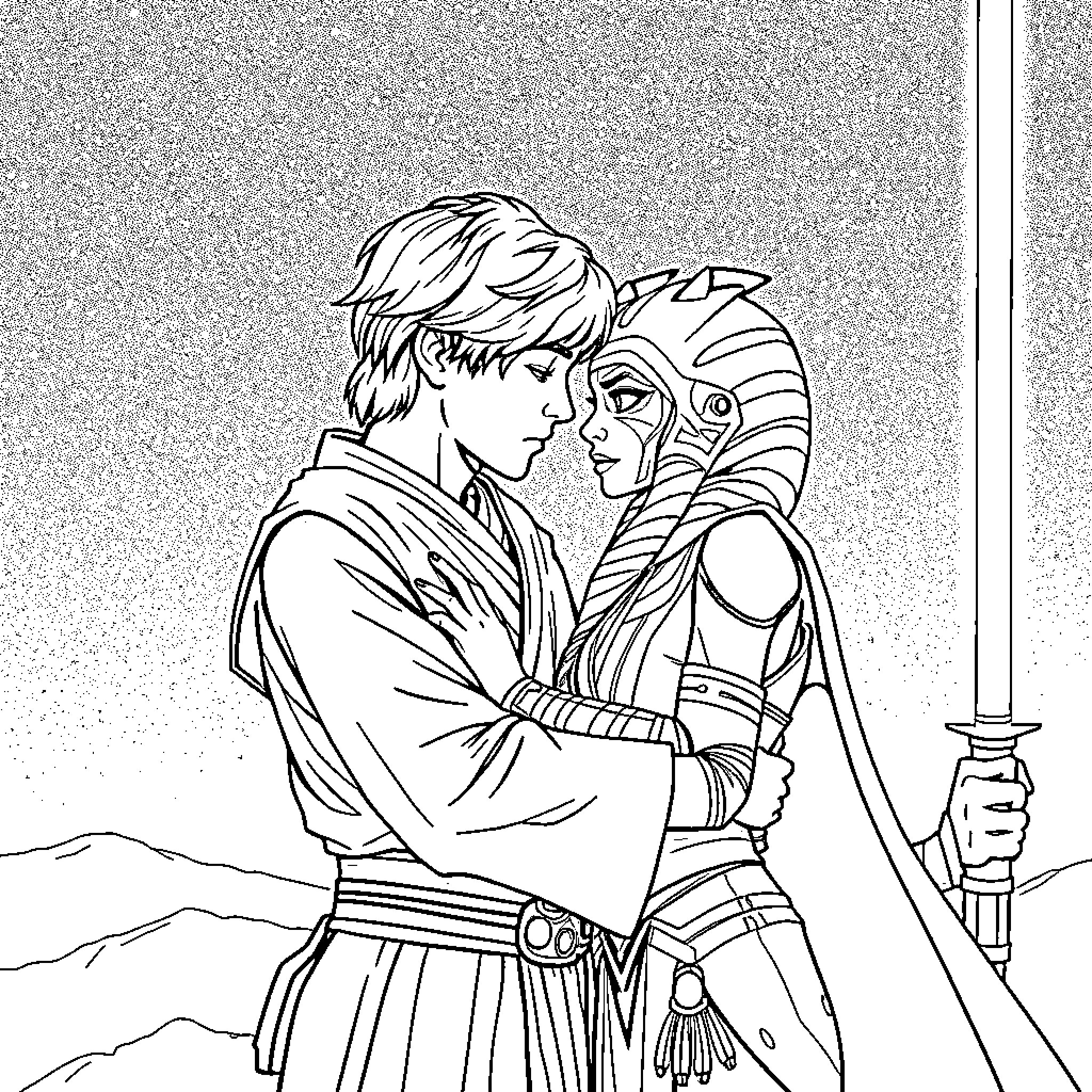 Luke Skywalker embracing Ahsoka Tano in a tender moment Coloring Page (free black-and-white line drawing printable PDF for all, from beginners to advanced learners, including children, teens, adults, and seniors)