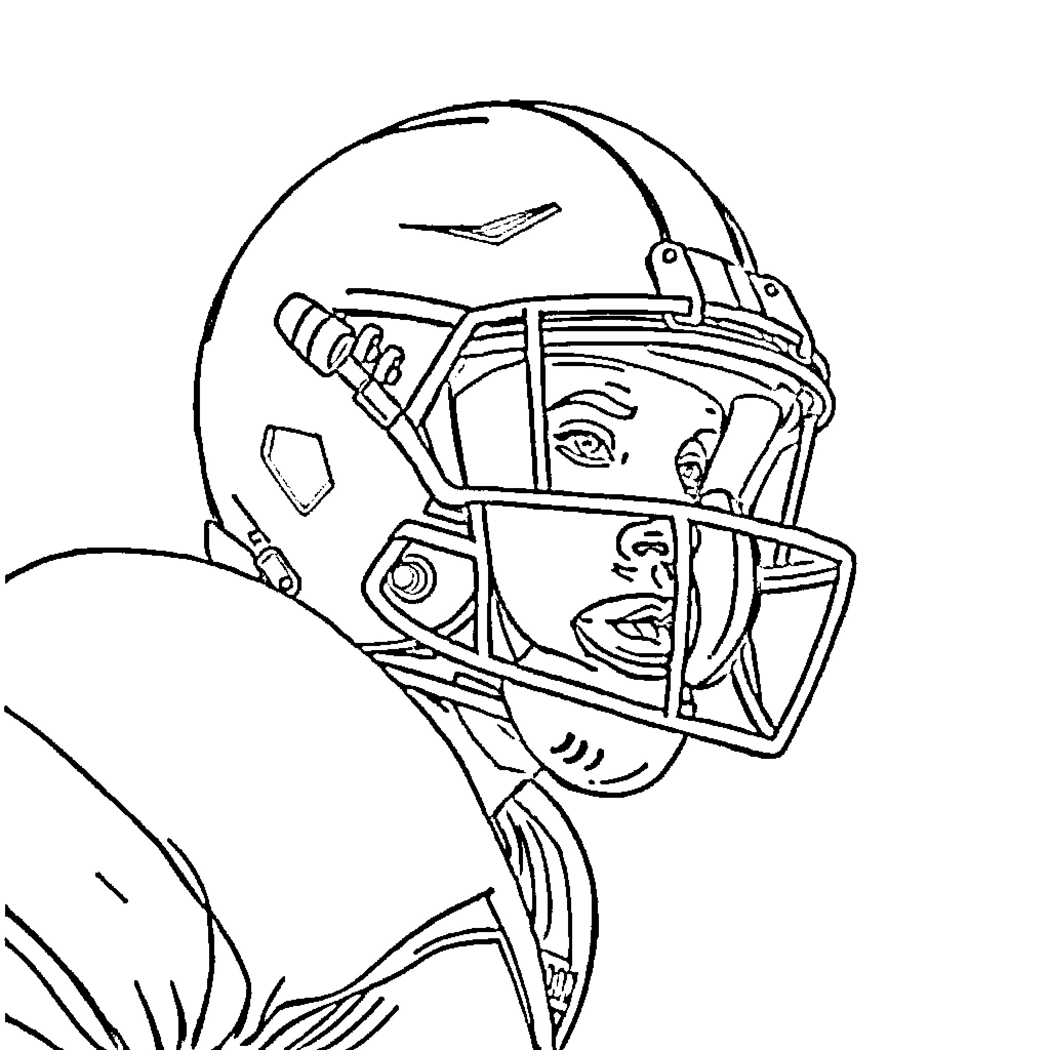 Football Player in Intense Uniform and Helmet Coloring Page (free black-and-white line drawing printable PDF for all, from beginners to advanced learners, including children, teens, adults, and seniors)