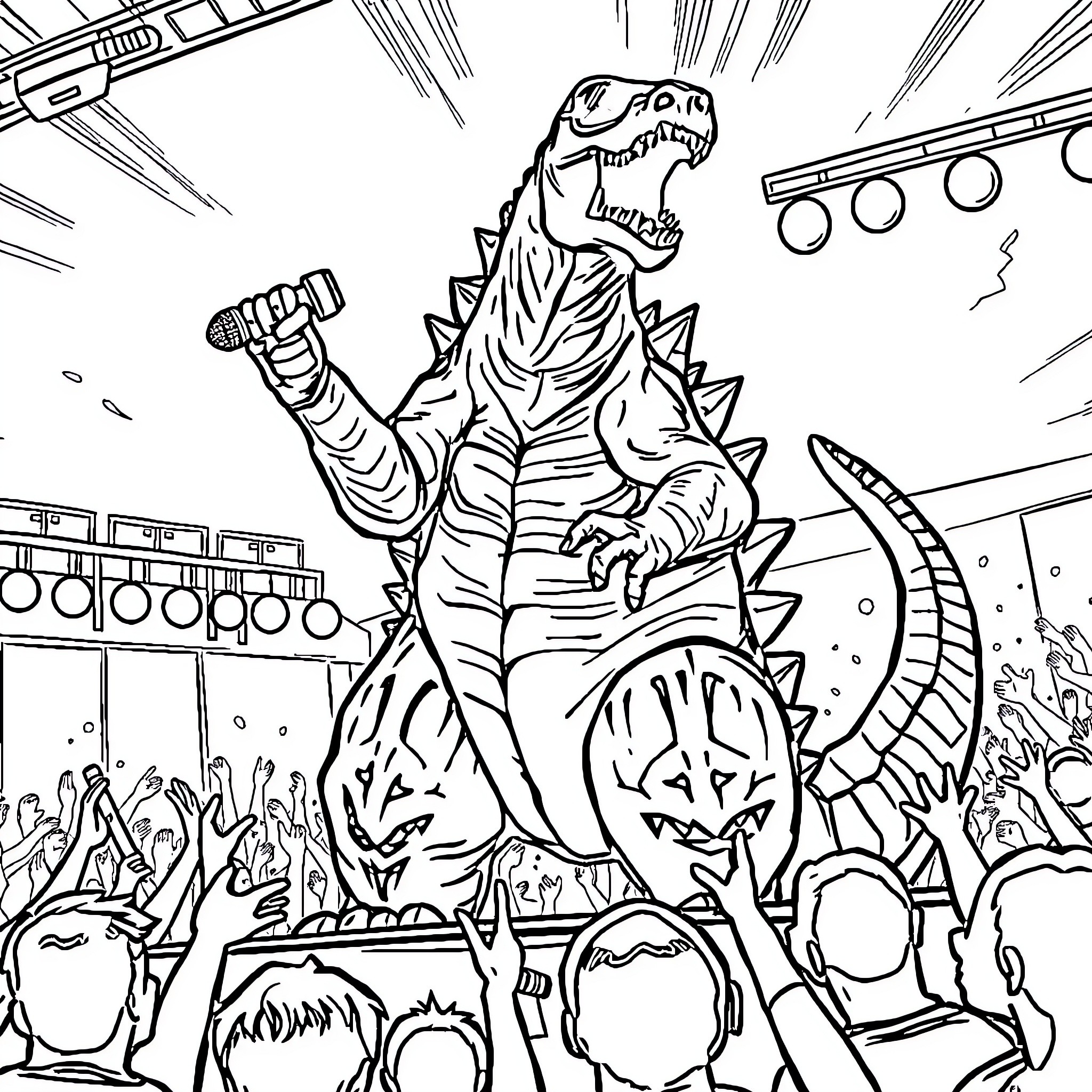 Godzilla wreaking havoc at a rock concert Coloring Page (free black-and-white line drawing printable PDF for all, from beginners to advanced learners, including children, teens, adults, and seniors)