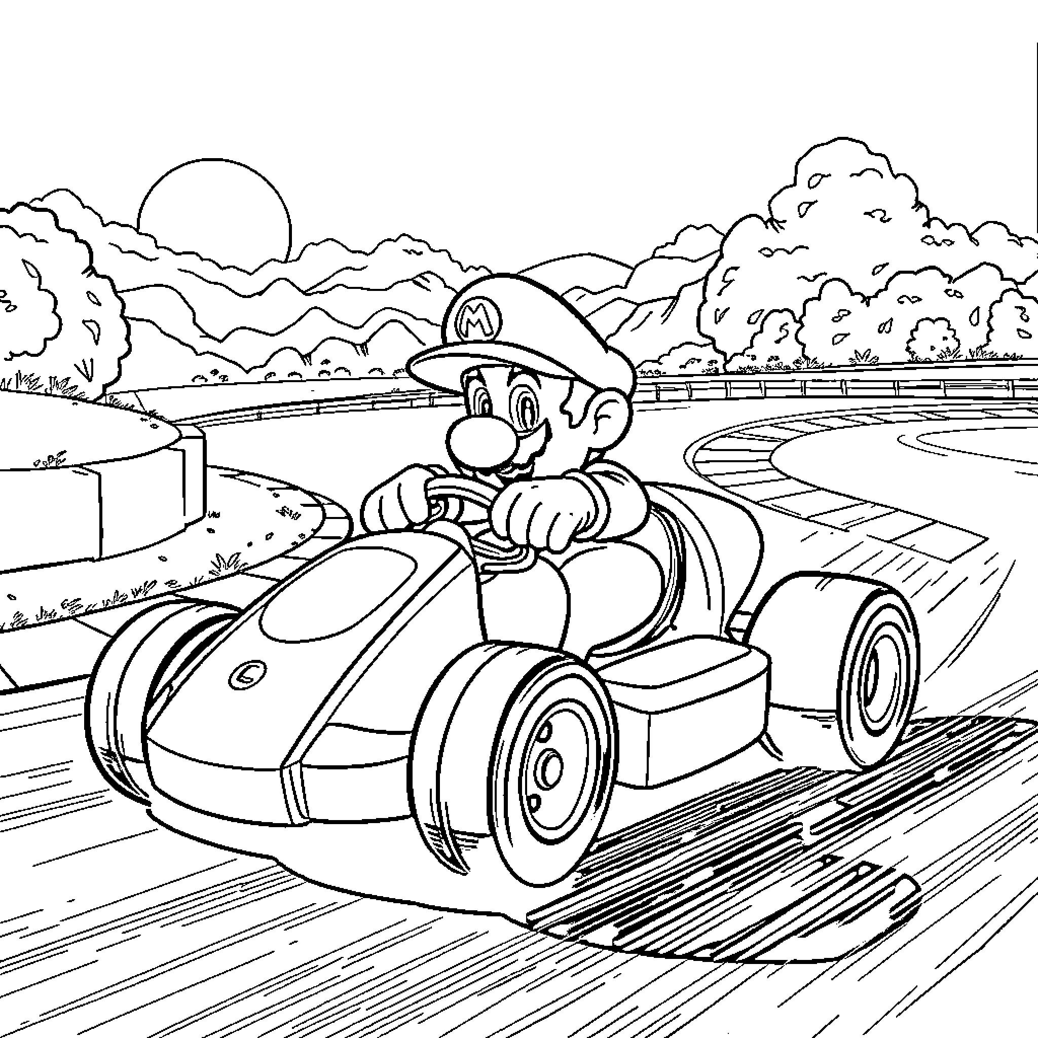 Mario Racing Through a Scenic Landscape Coloring Page (free black-and-white line drawing printable PDF for all, from beginners to advanced learners, including children, teens, adults, and seniors)