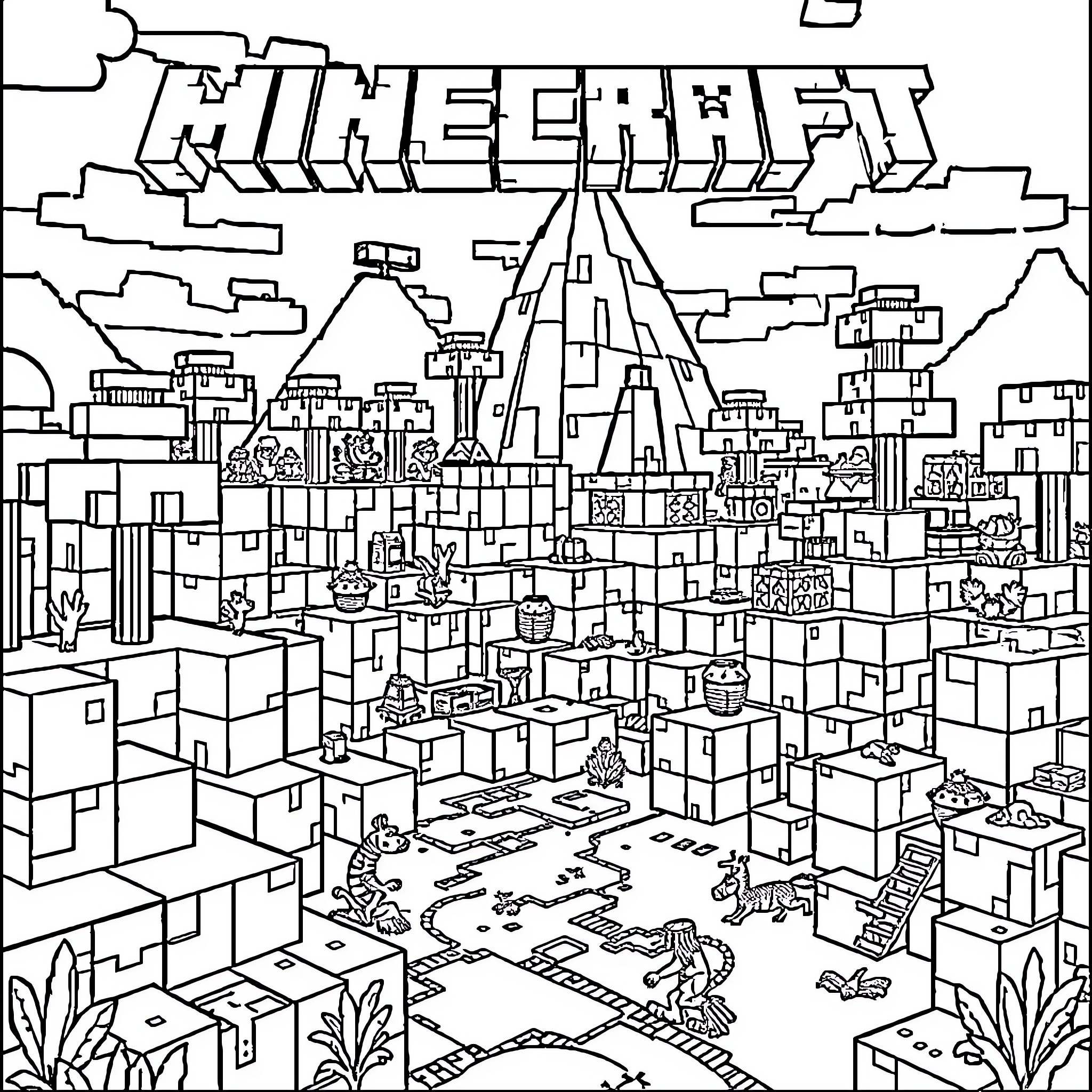 Minecraft cityscape with various structures and activities Coloring Page (free black-and-white line drawing printable PDF for all, from beginners to advanced learners, including children, teens, adults, and seniors)