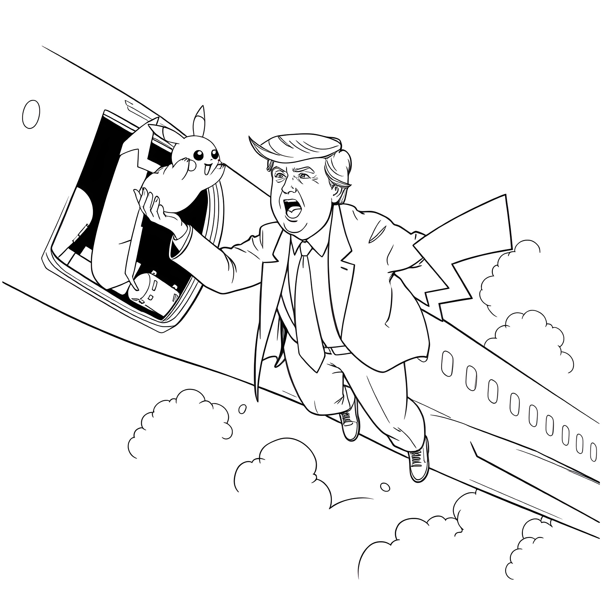 Donald Trump arguing with Pikachu on a flying private jet Coloring Page (free black-and-white line drawing printable PDF for all, from beginners to advanced learners, including children, teens, adults, and seniors)