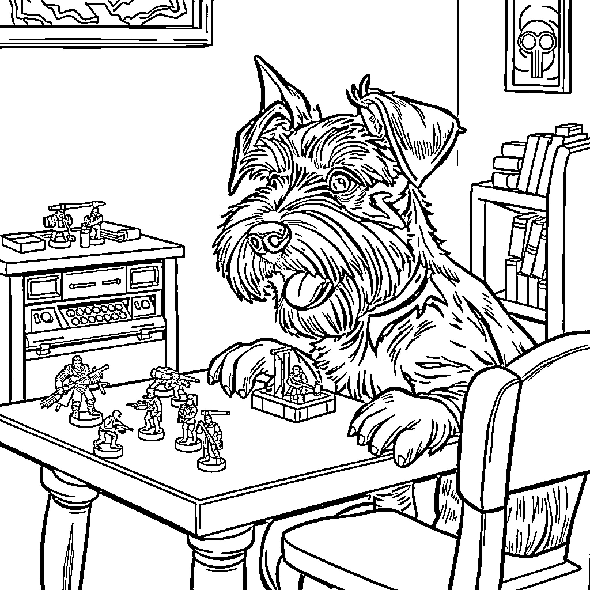 Schnauzer playing joyfully with toys in the living room Coloring Page (free black-and-white line drawing printable PDF for all, from beginners to advanced learners, including children, teens, adults, and seniors)