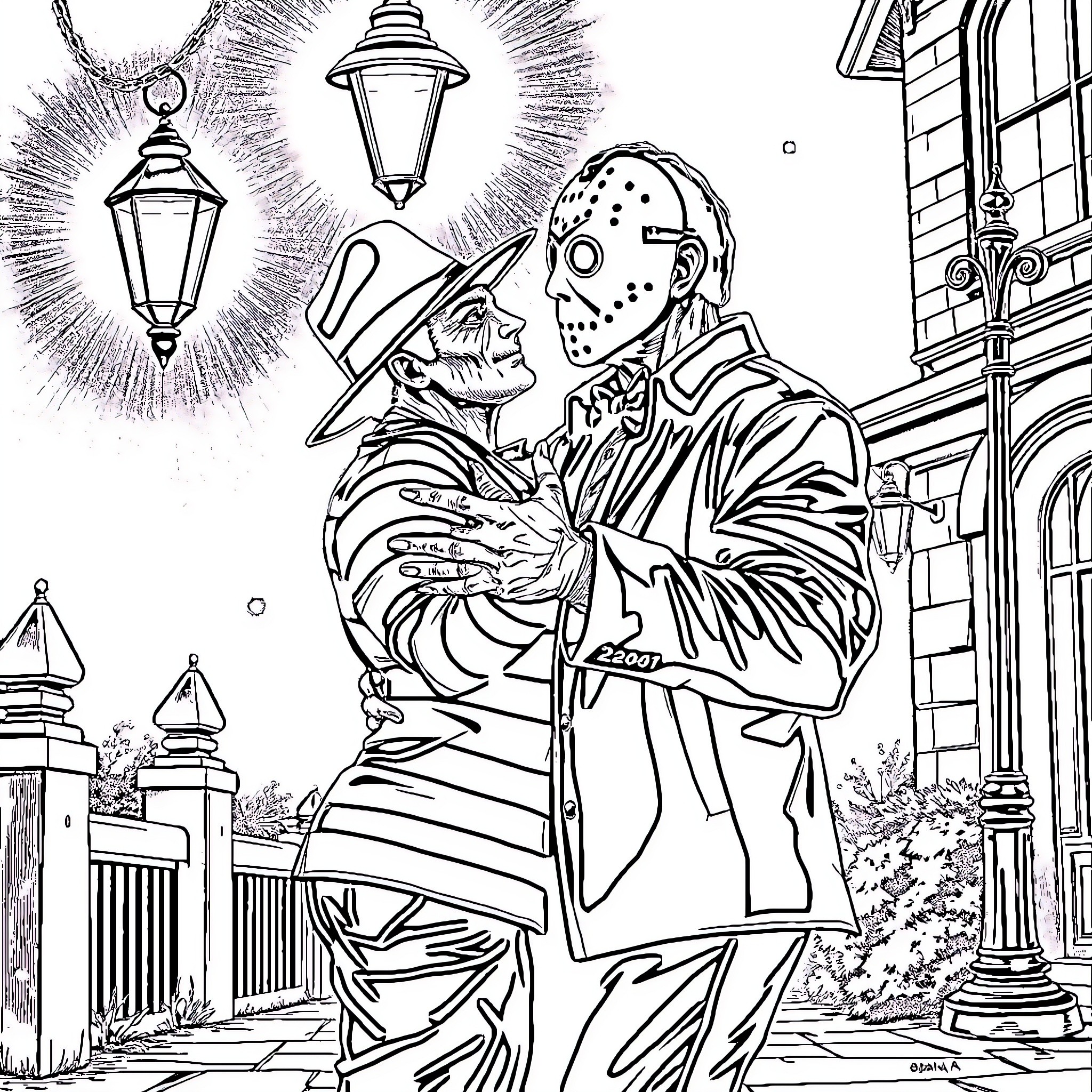 Freddy Krueger confronts a masked antagonist in the night Coloring Page (free black-and-white line drawing printable PDF for all, from beginners to advanced learners, including children, teens, adults, and seniors)