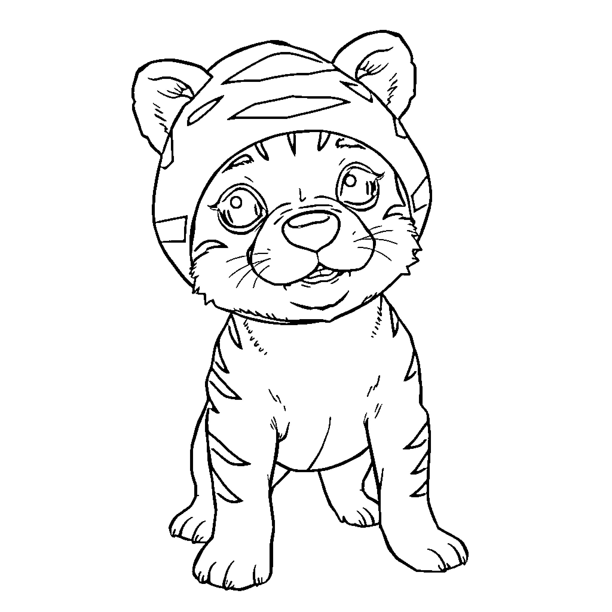 Dog wearing tiger costume smiling happily Coloring Page (free black-and-white line drawing printable PDF for all, from beginners to advanced learners, including children, teens, adults, and seniors)