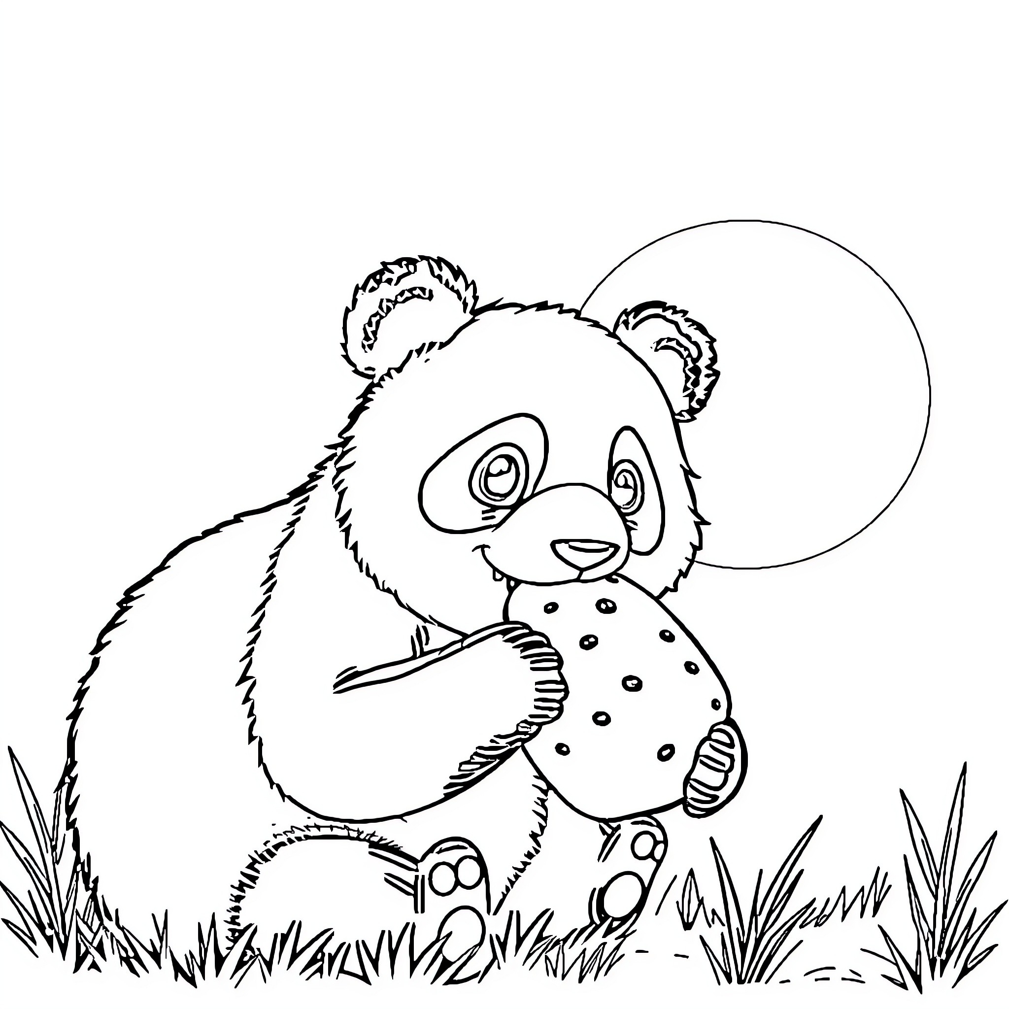 Panda enjoying a snack in the grass Coloring Page (free black-and-white line drawing printable PDF for all, from beginners to advanced learners, including children, teens, adults, and seniors)