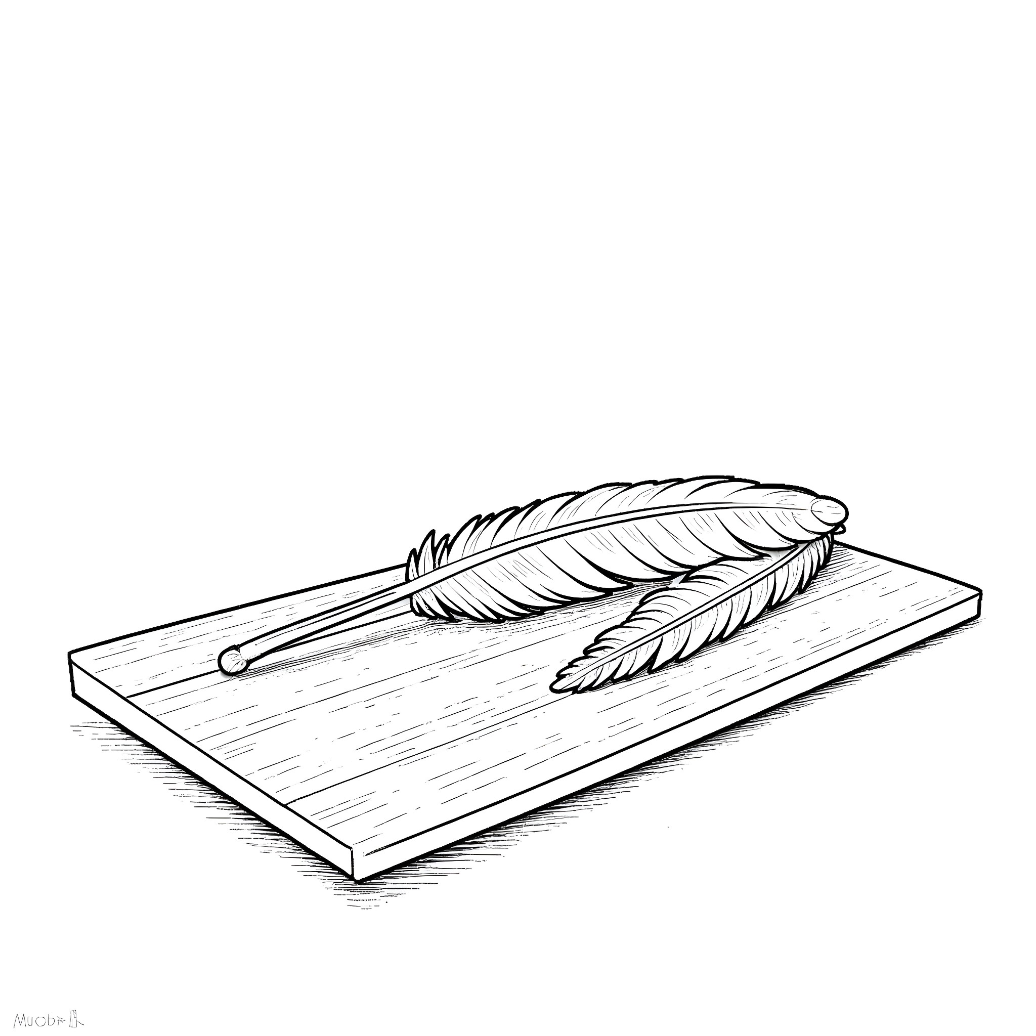 Feather and wooden surface Coloring Page (free black-and-white line drawing printable PDF for all, from beginners to advanced learners, including children, teens, adults, and seniors)