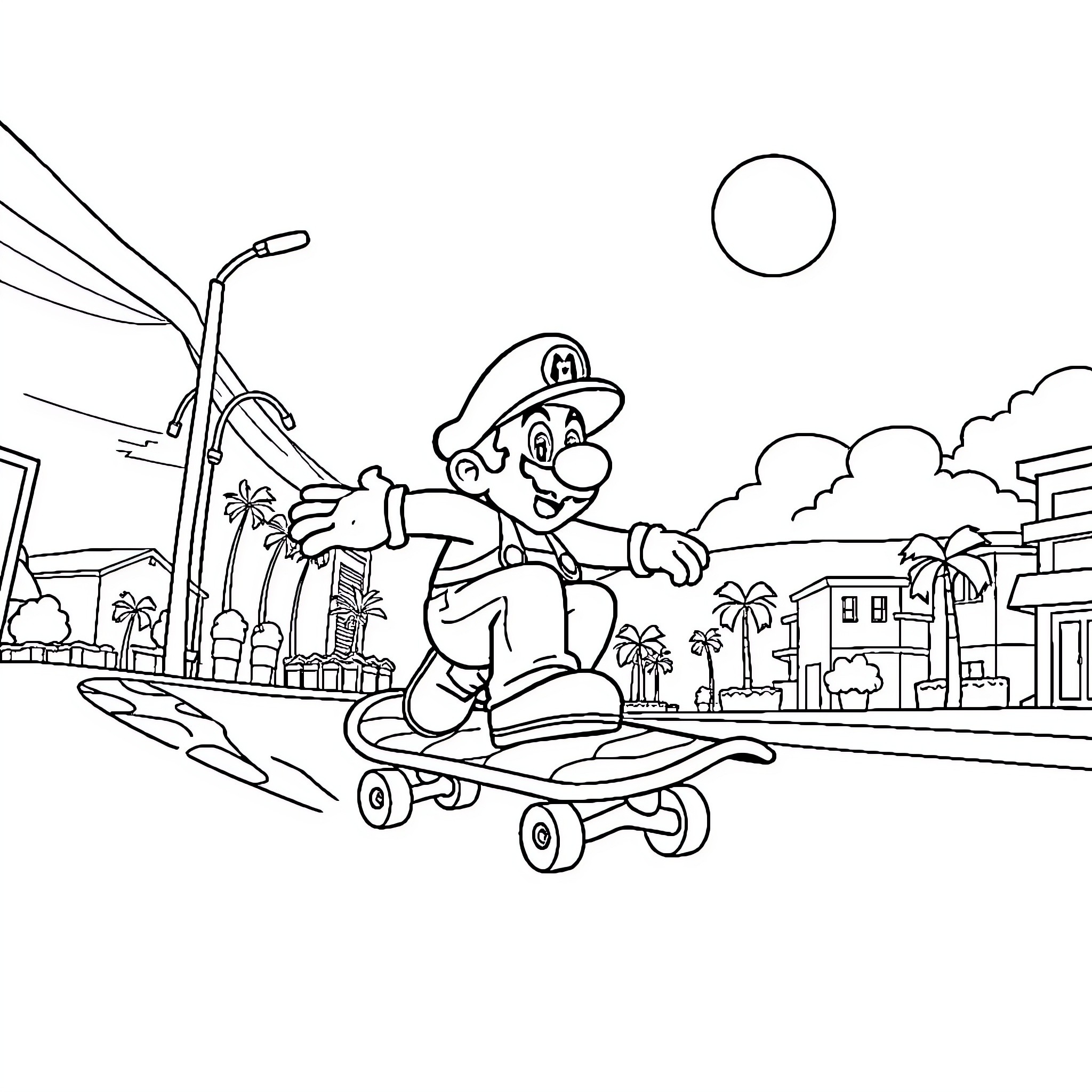 Mario on a skateboard in a tropical city Coloring Page (free black-and-white line drawing printable PDF for all, from beginners to advanced learners, including children, teens, adults, and seniors)