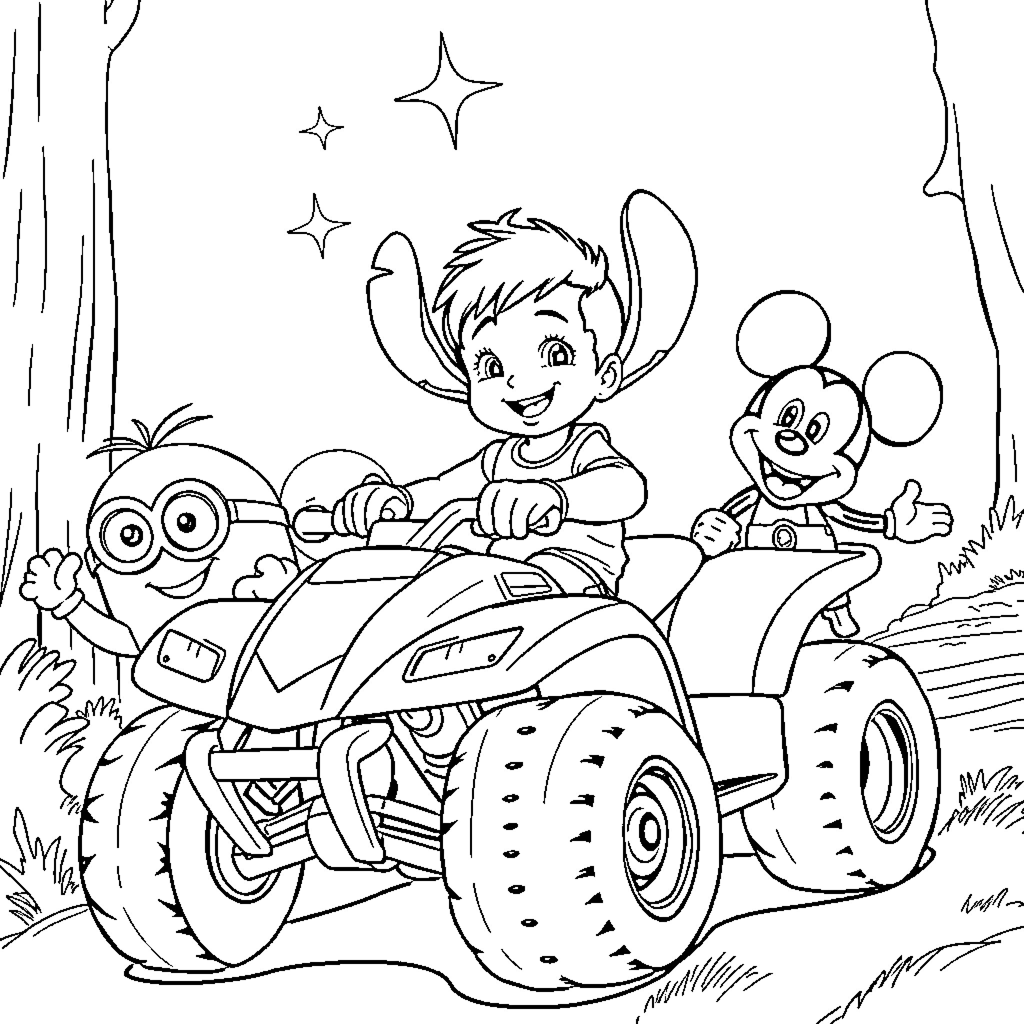 Child rides vehicle with cartoon characters in park Coloring Page (free black-and-white line drawing printable PDF for all, from beginners to advanced learners, including children, teens, adults, and seniors)