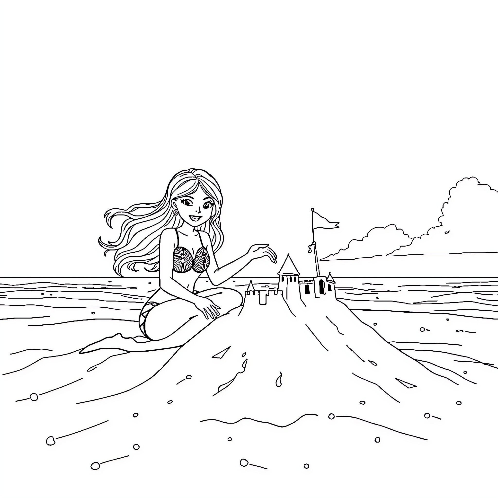 Vaïna enjoying a peaceful day at the beach Coloring Page (free black-and-white line drawing printable PDF for all, from beginners to advanced learners, including children, teens, adults, and seniors)
