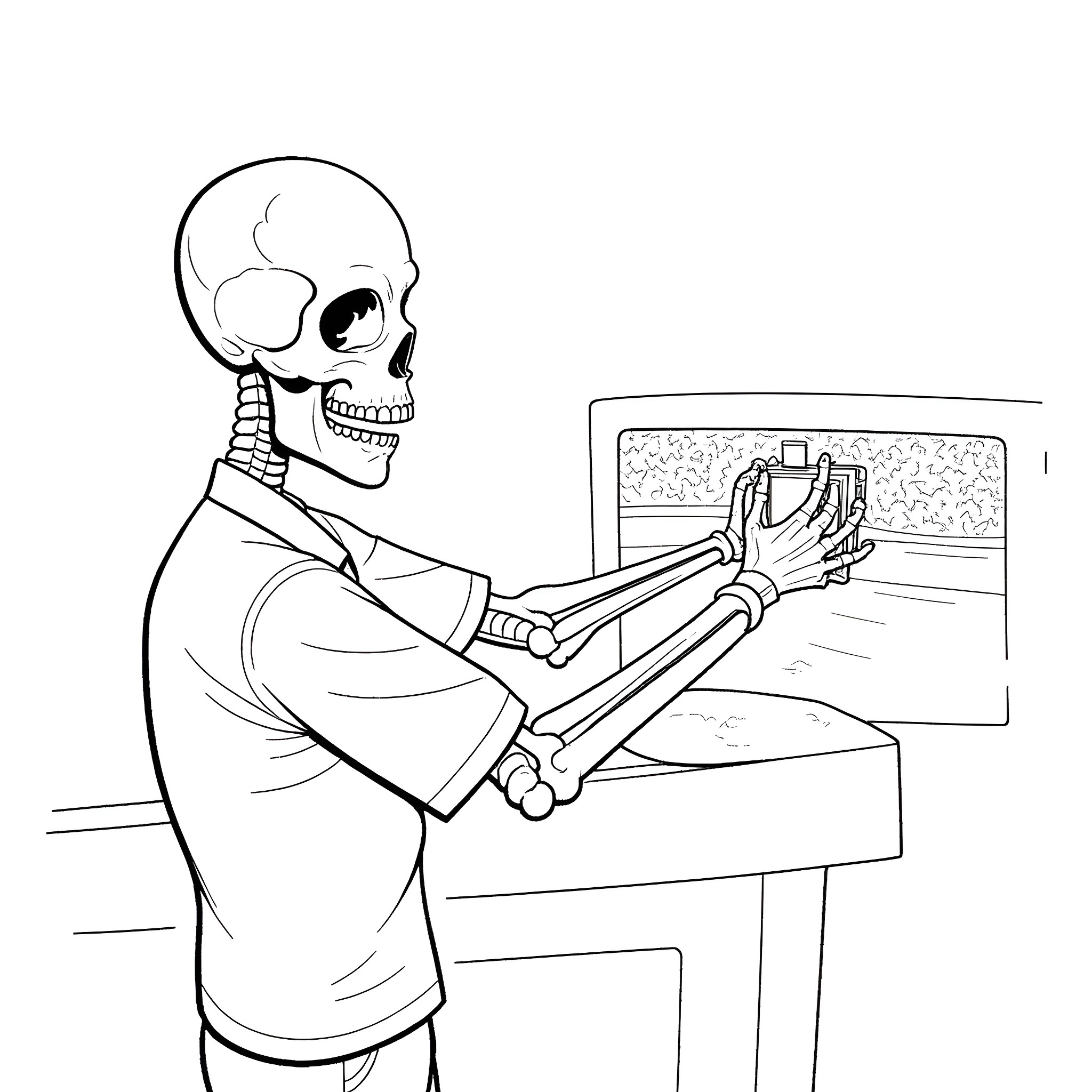 Skeleton playing video game on console Coloring Page (free black-and-white line drawing printable PDF for all, from beginners to advanced learners, including children, teens, adults, and seniors)