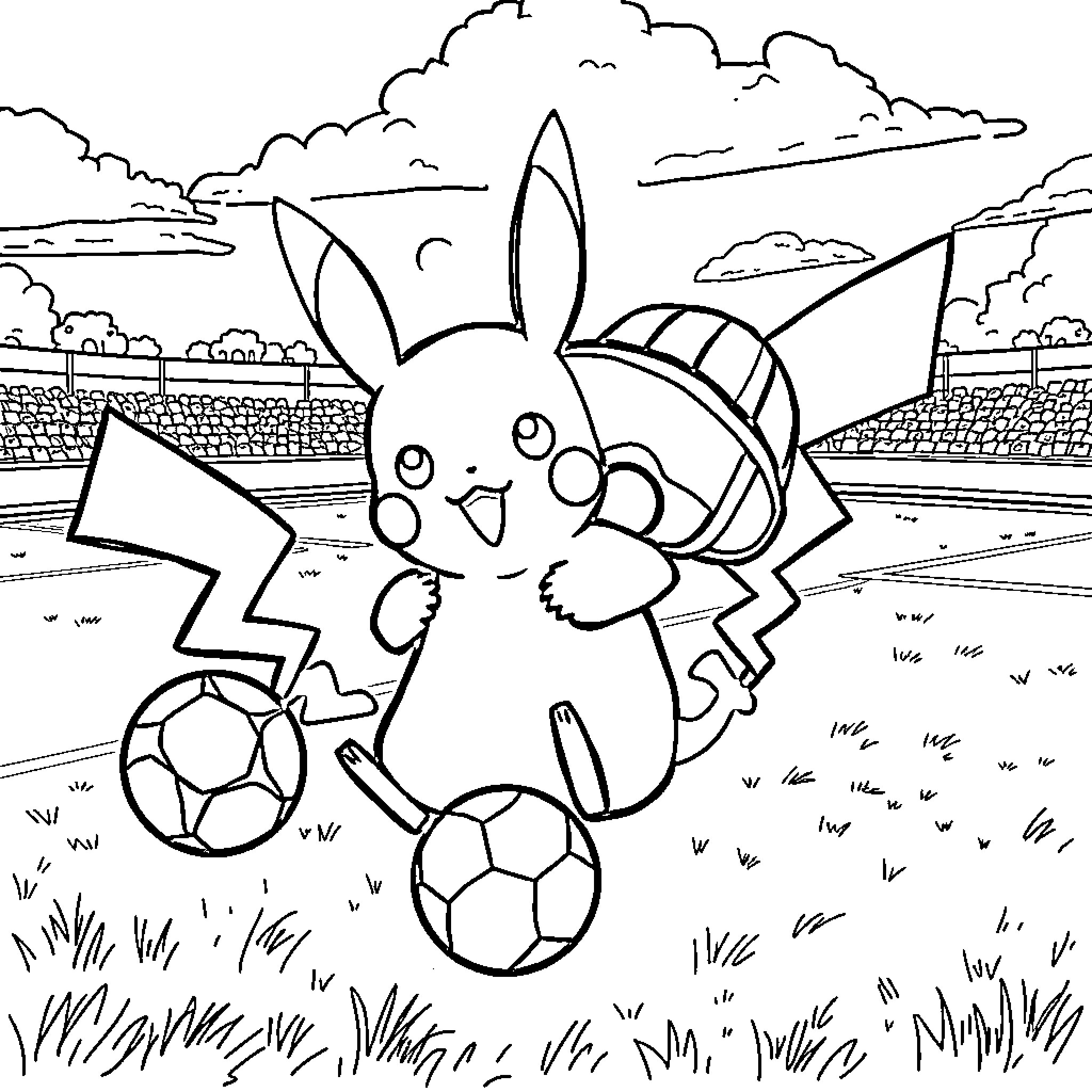 Pikachu playing with soccer balls in a field Coloring Page (free black-and-white line drawing printable PDF for all, from beginners to advanced learners, including children, teens, adults, and seniors)