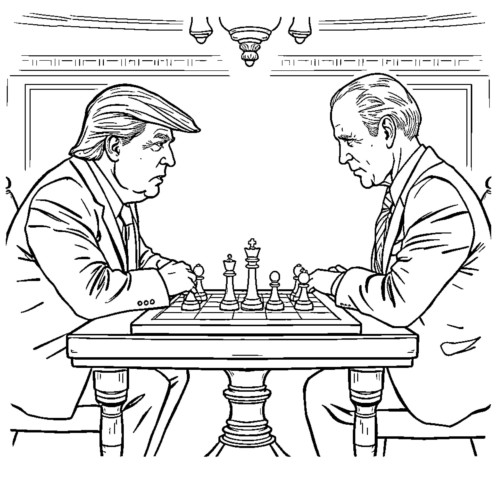 Donald Trump playing chess with an opponent Coloring Page (free black-and-white line drawing printable PDF for all, from beginners to advanced learners, including children, teens, adults, and seniors)