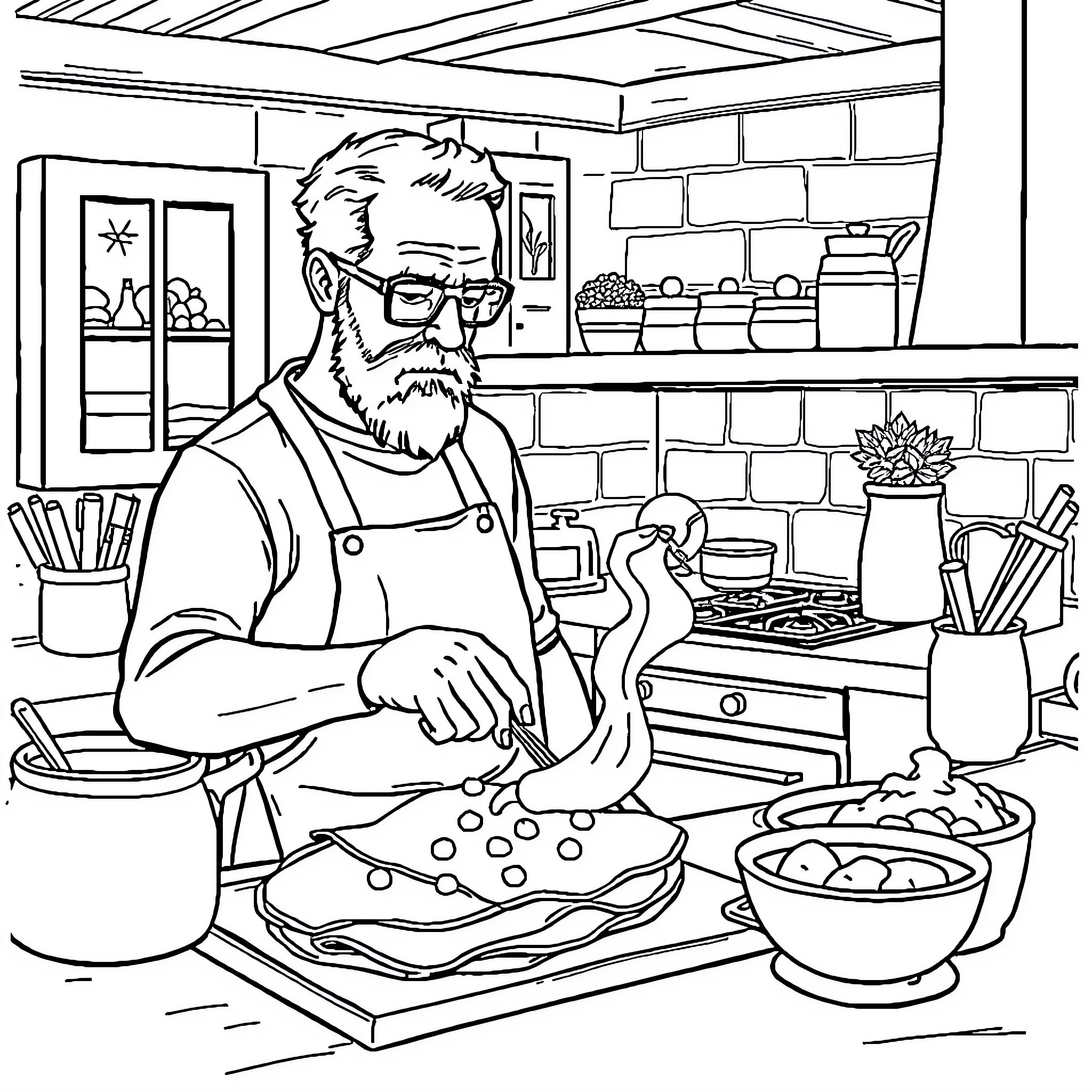 Heisenberg's Kitchen: Chef at Work in Cozy Domestic Scene Coloring Page (free black-and-white line drawing printable PDF for all, from beginners to advanced learners, including children, teens, adults, and seniors)